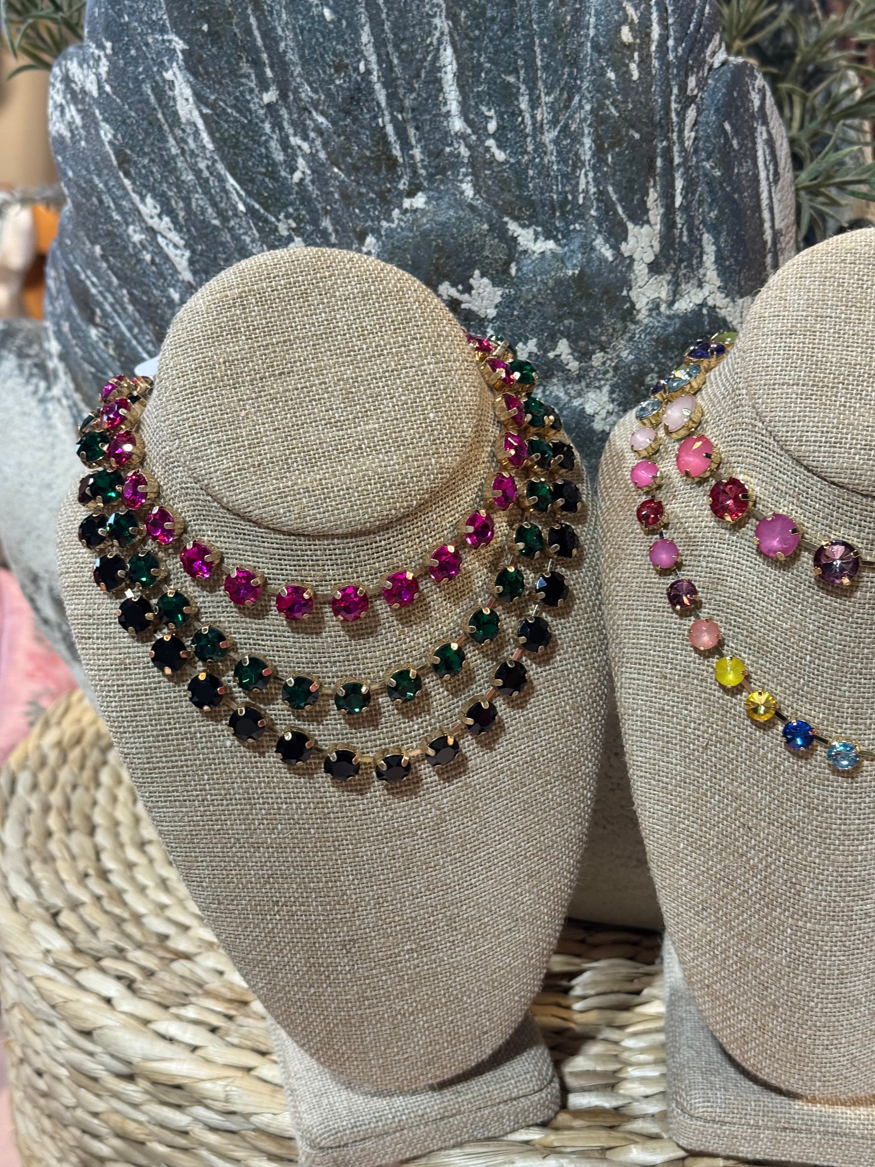 Multicolor Round Stone Cluster Necklace- Assorted