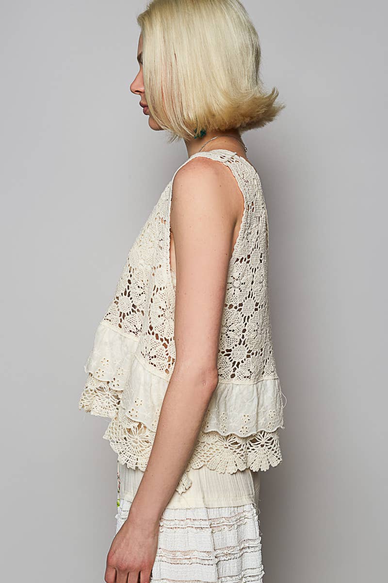 Round Neck Ruffle Embroidered Eyelet Crochet Top