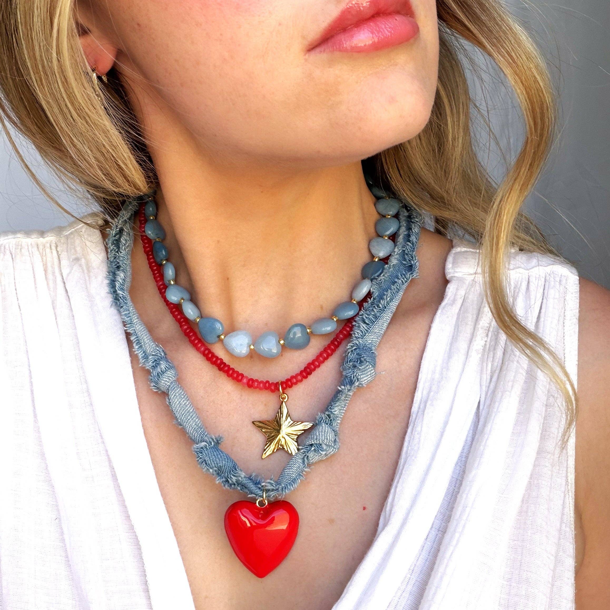 Denim & Red Heart Necklace
