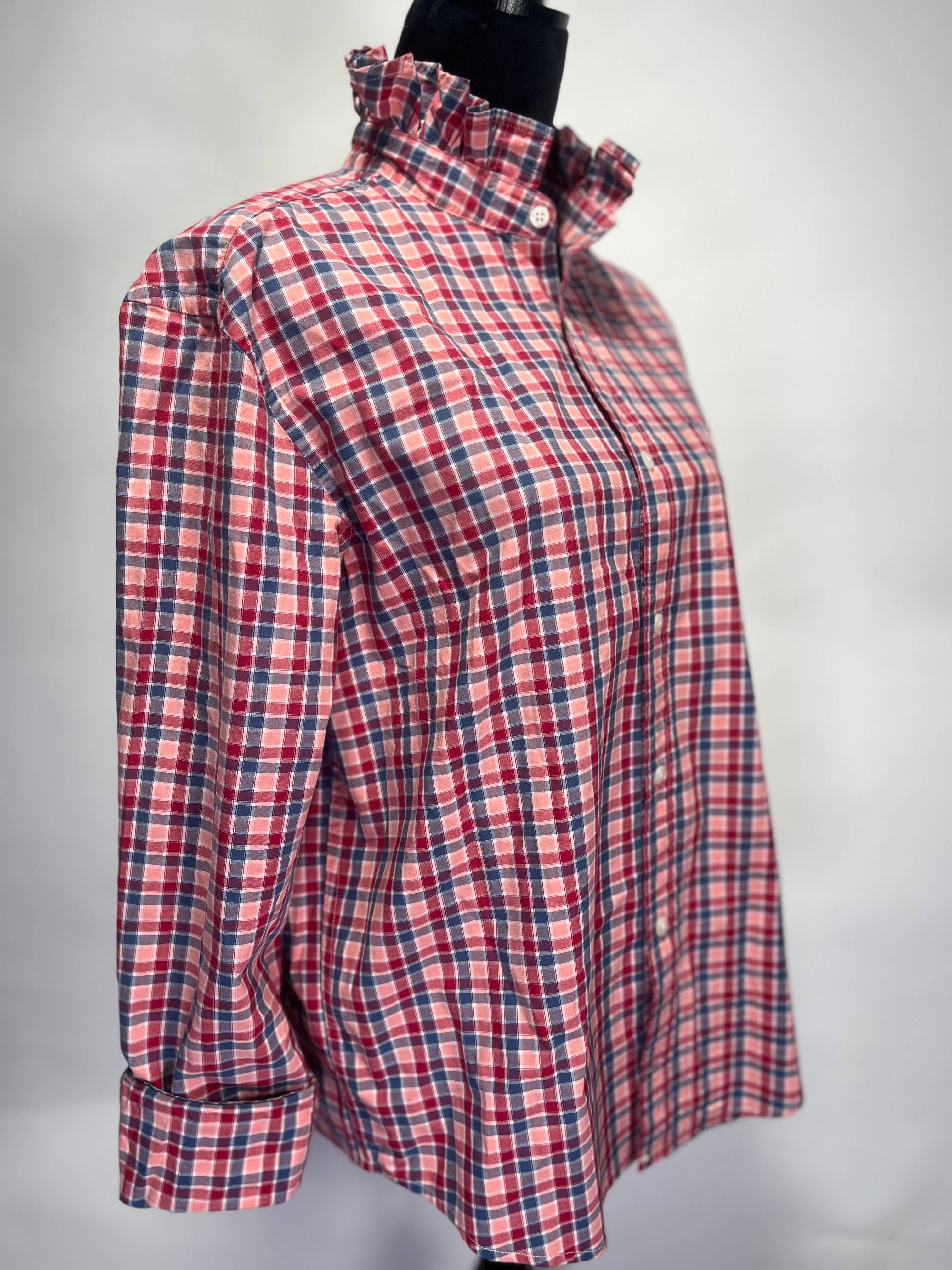 Ruffle Collar Bespoke Womens Shirt Pink/Red/Gray Pld L-XL
