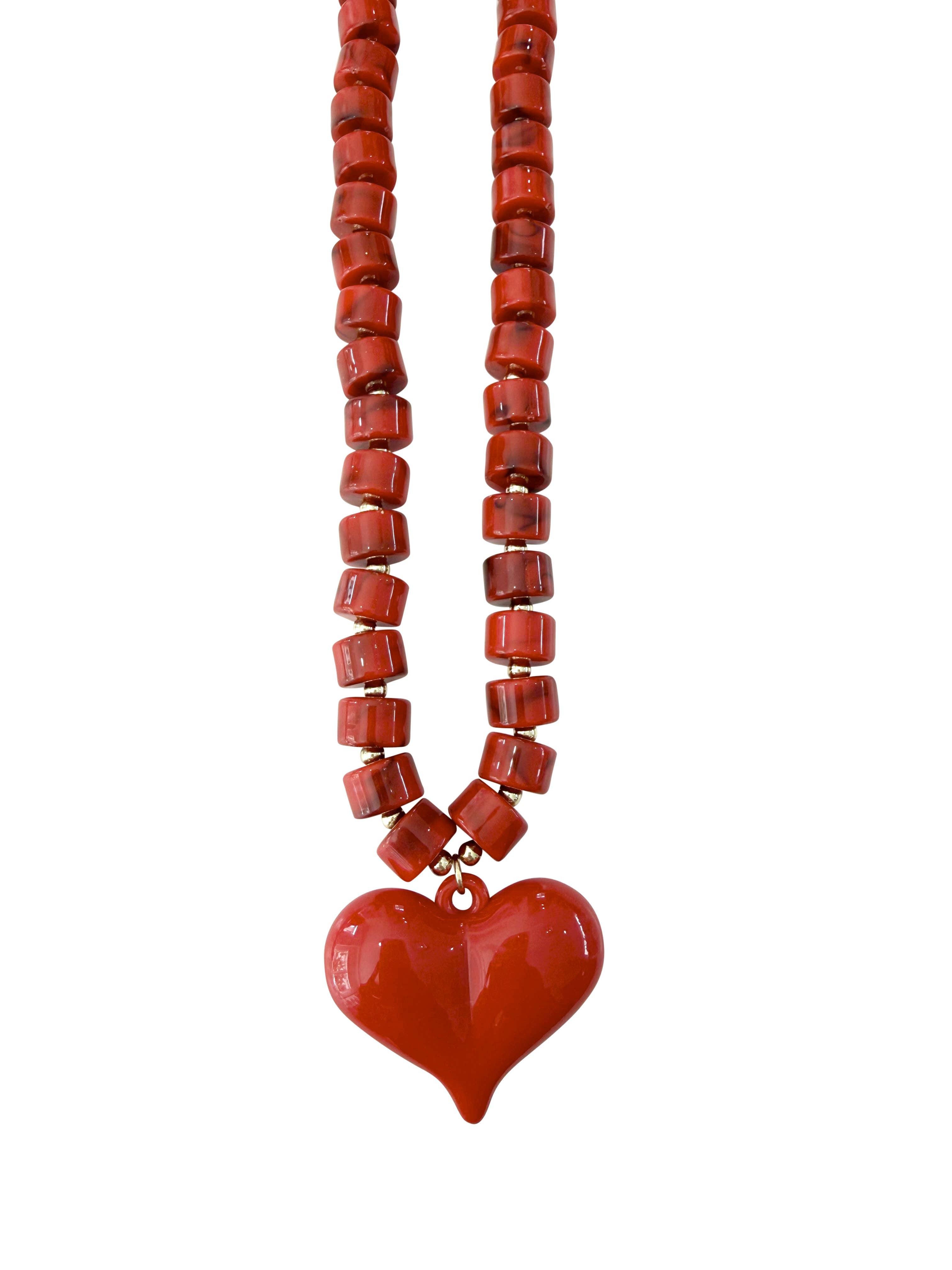 Abbie Red Beaded Necklace with Heart Charm