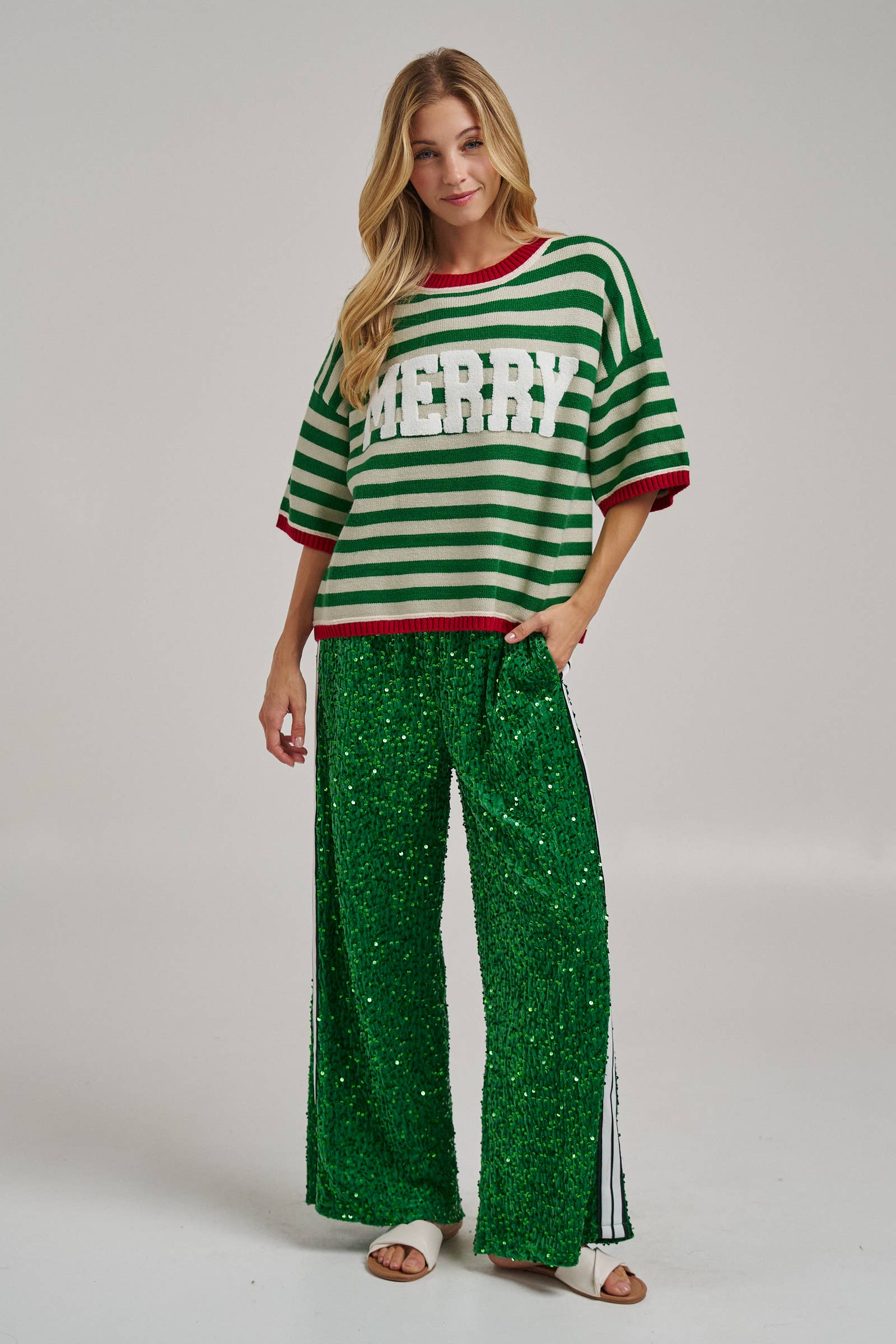 CHRISTMAS MERRY LETTERING STRIPE SWEATER