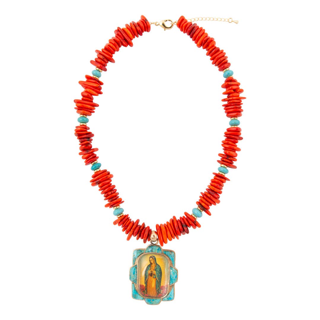 Our Lady of Guadalupe Blue Turquoise and Fiery Orange Golden Pendant Necklace