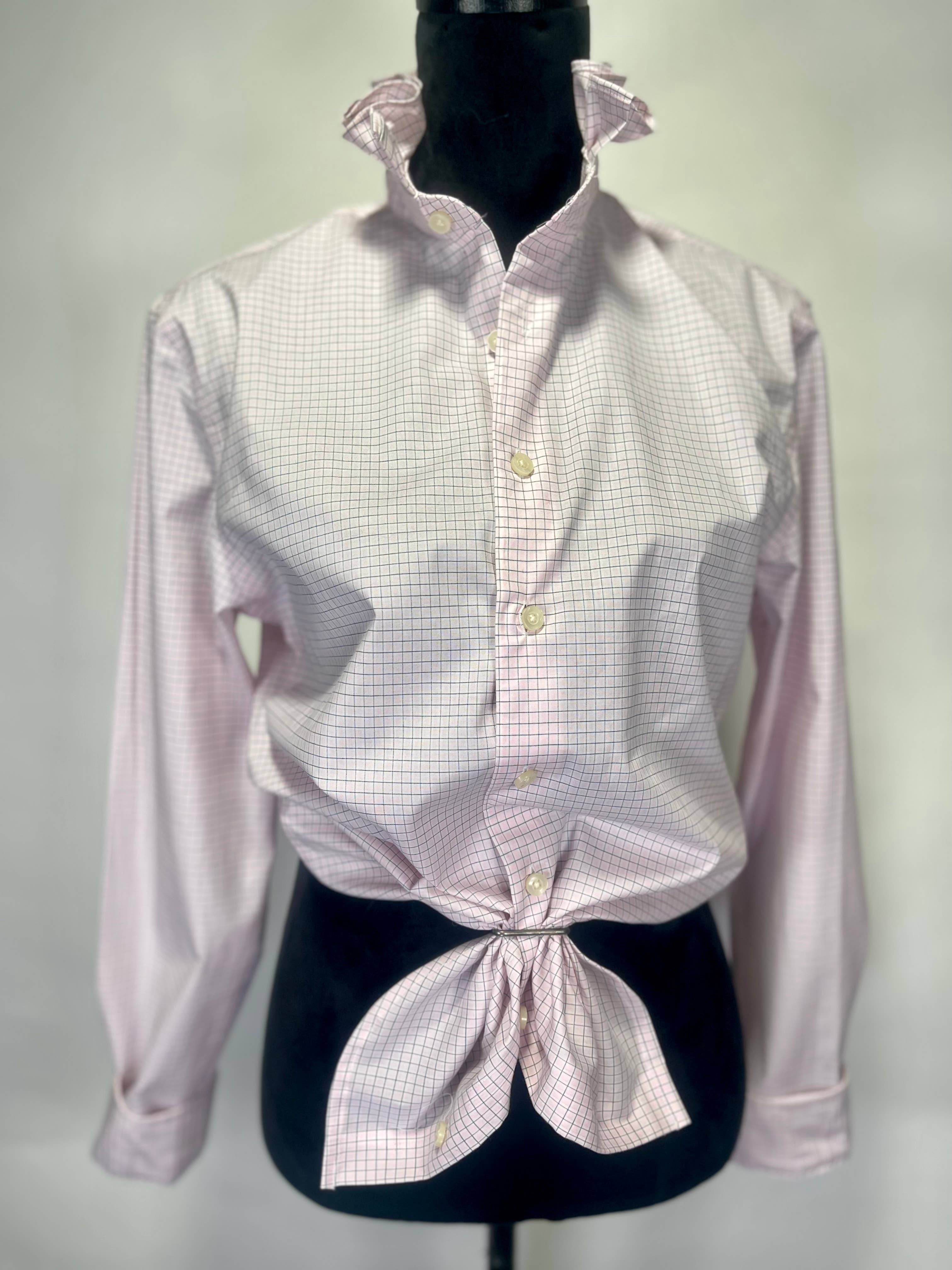 Bespoke Ruffle Collar  Women Shirt Pink Black Plaid  S-M