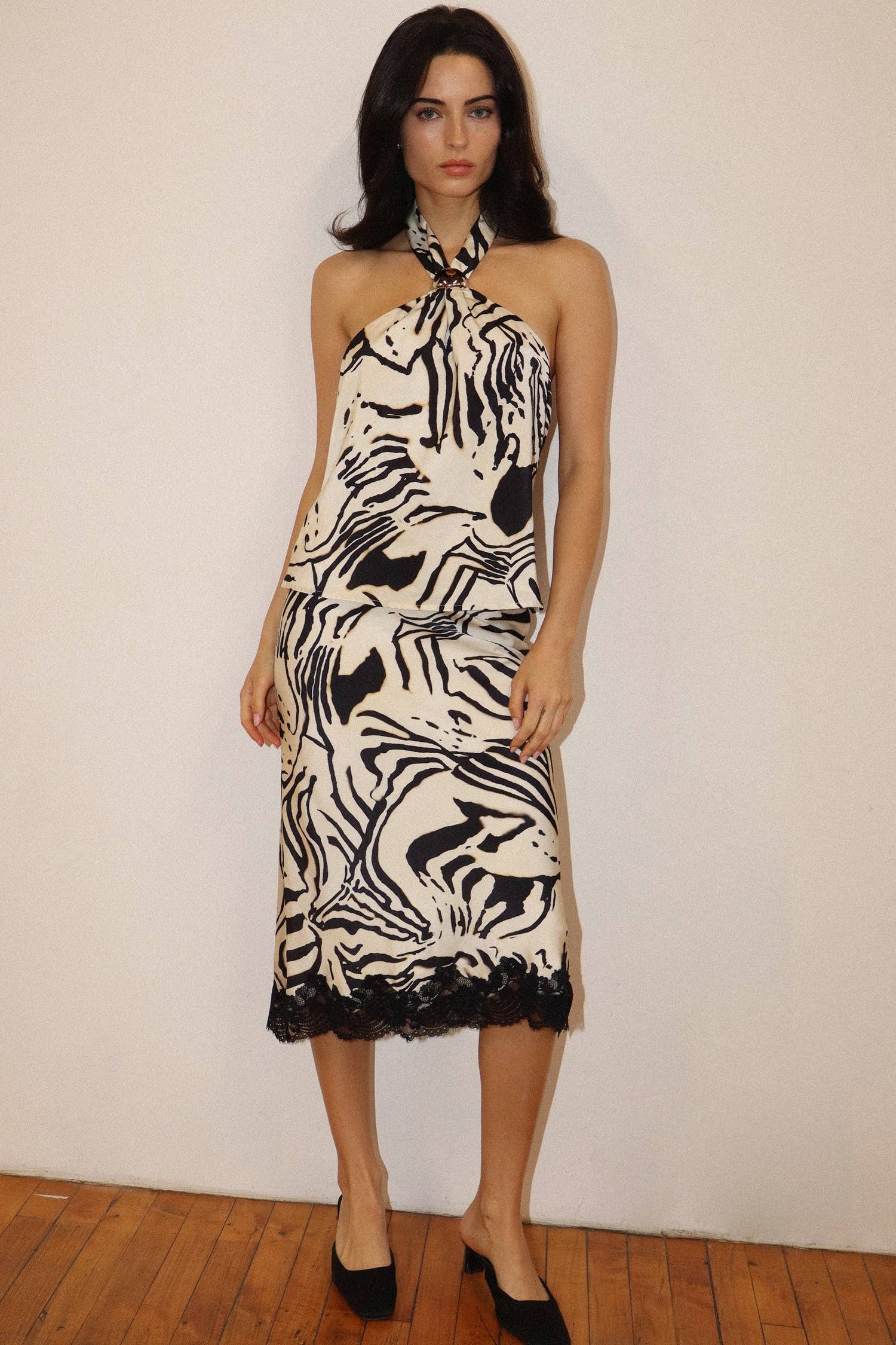 Lace Hem Zebra Midi Skirt