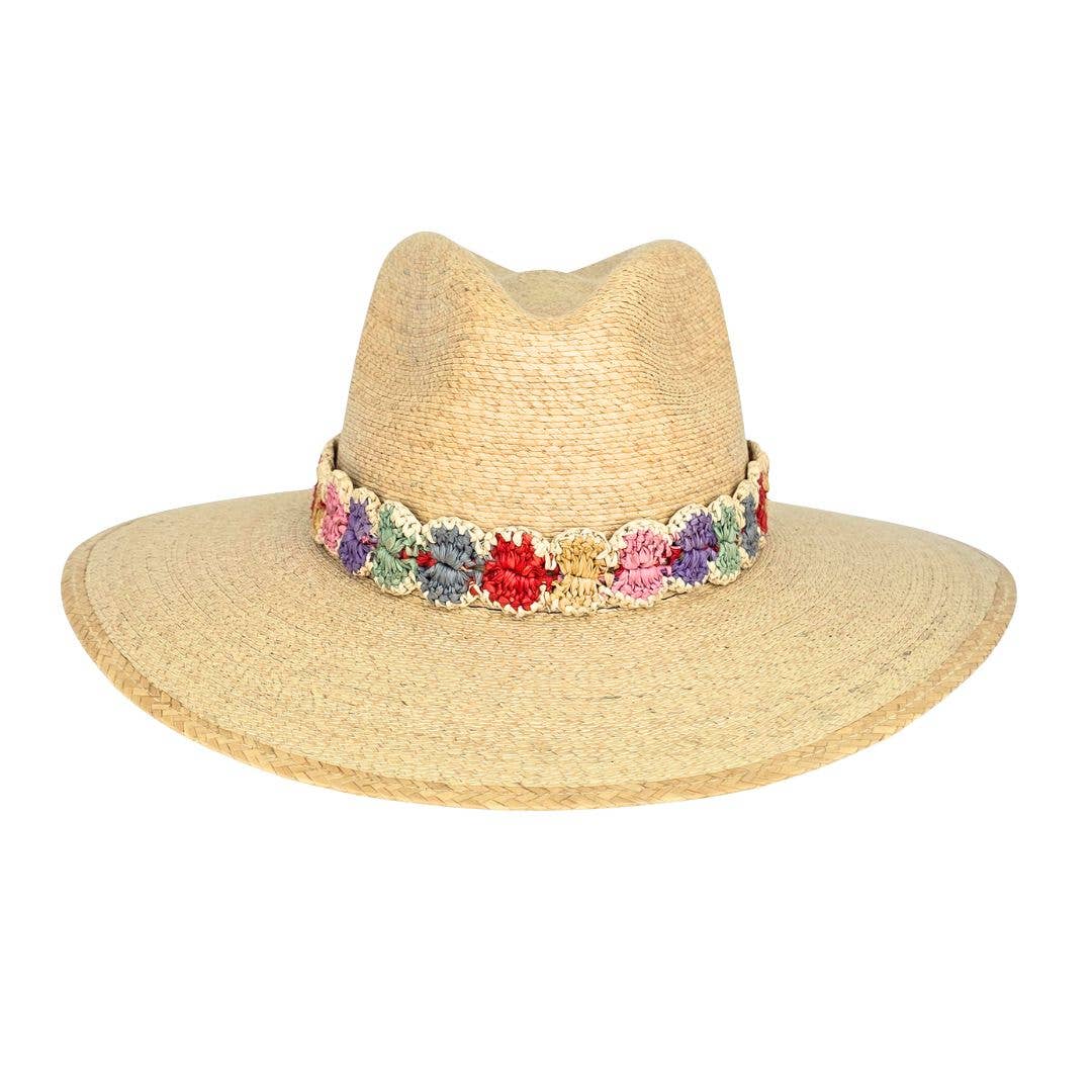 Sand Palm Hat with Pastel Rainbow Raffia Band