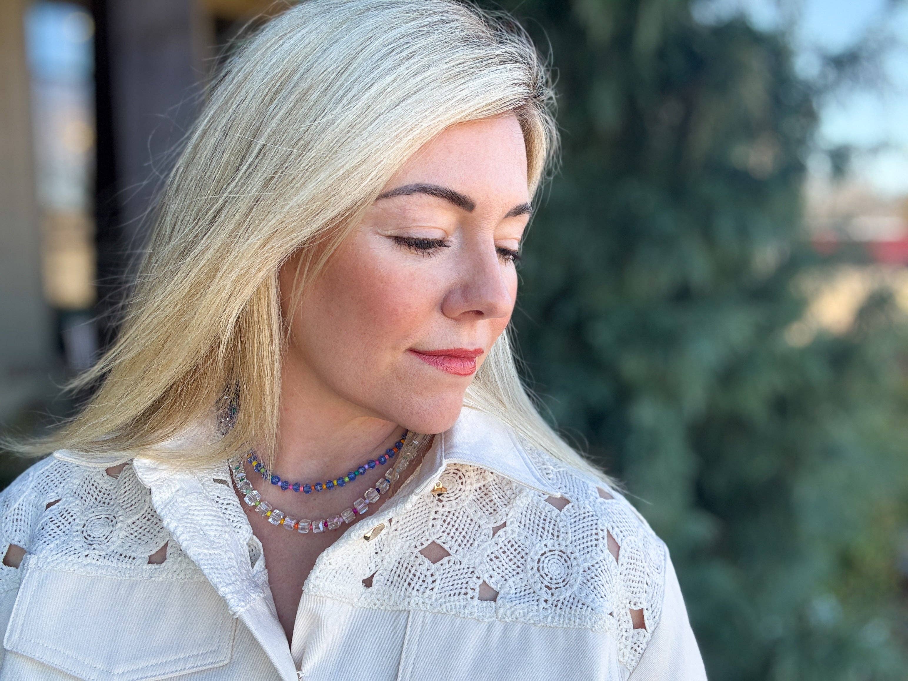 Beaded Necklace - Clear + Multi-Colored Beads - Jenn