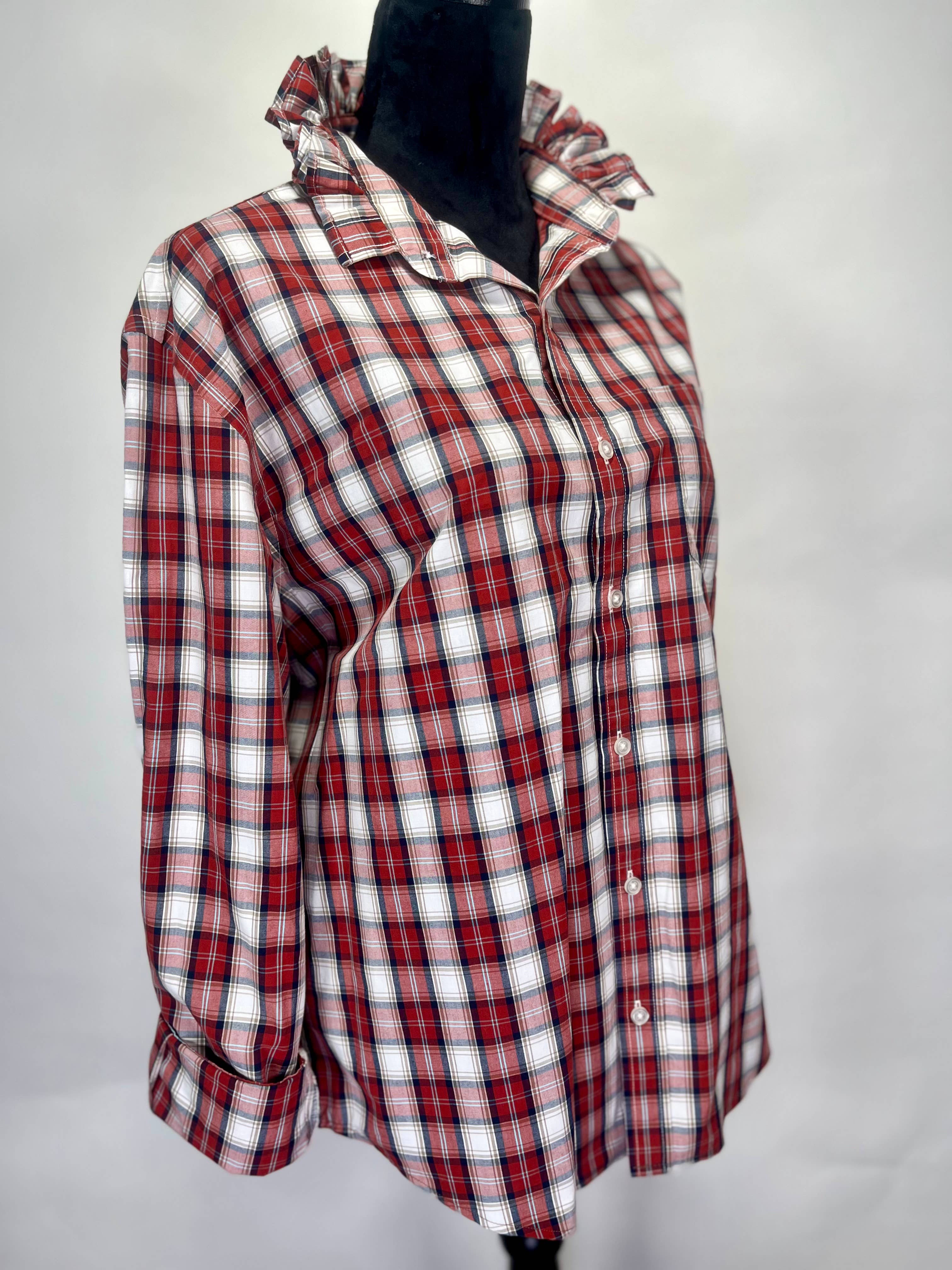 Ruffle Collar Shirt Rust,Cream,Tan PLD Women  L - XL