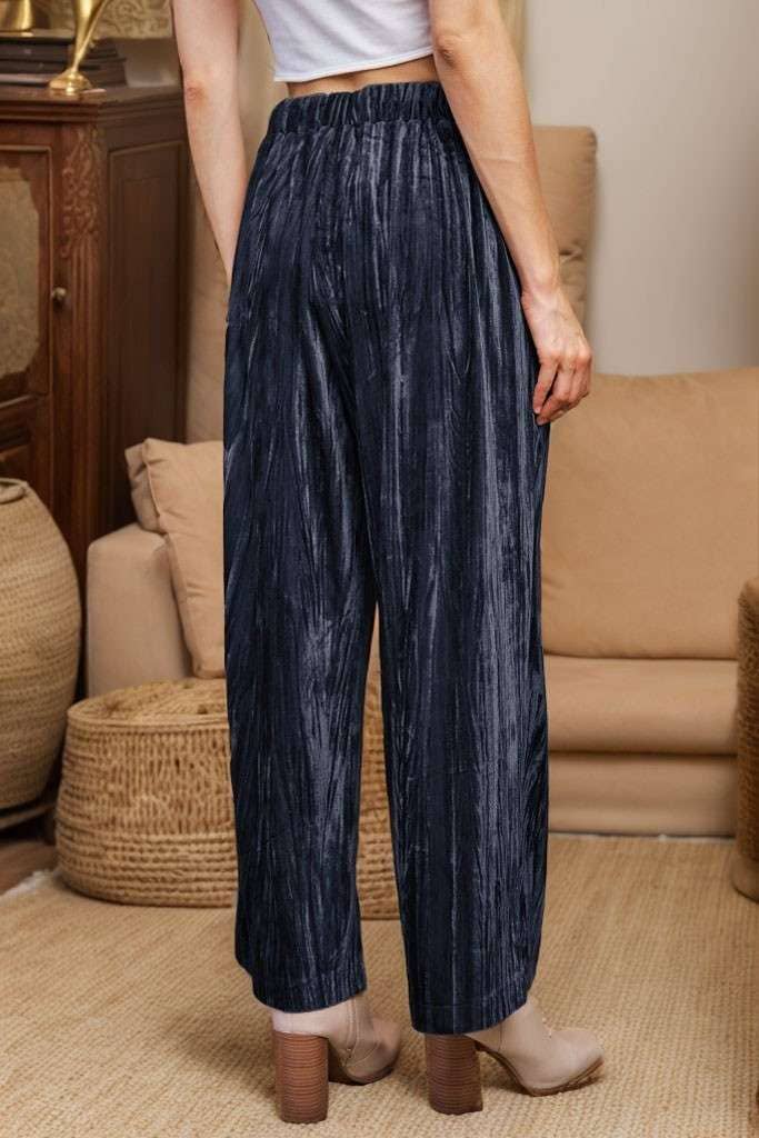 Crinkled Velvet Elastic-Back Wide-Leg Pants