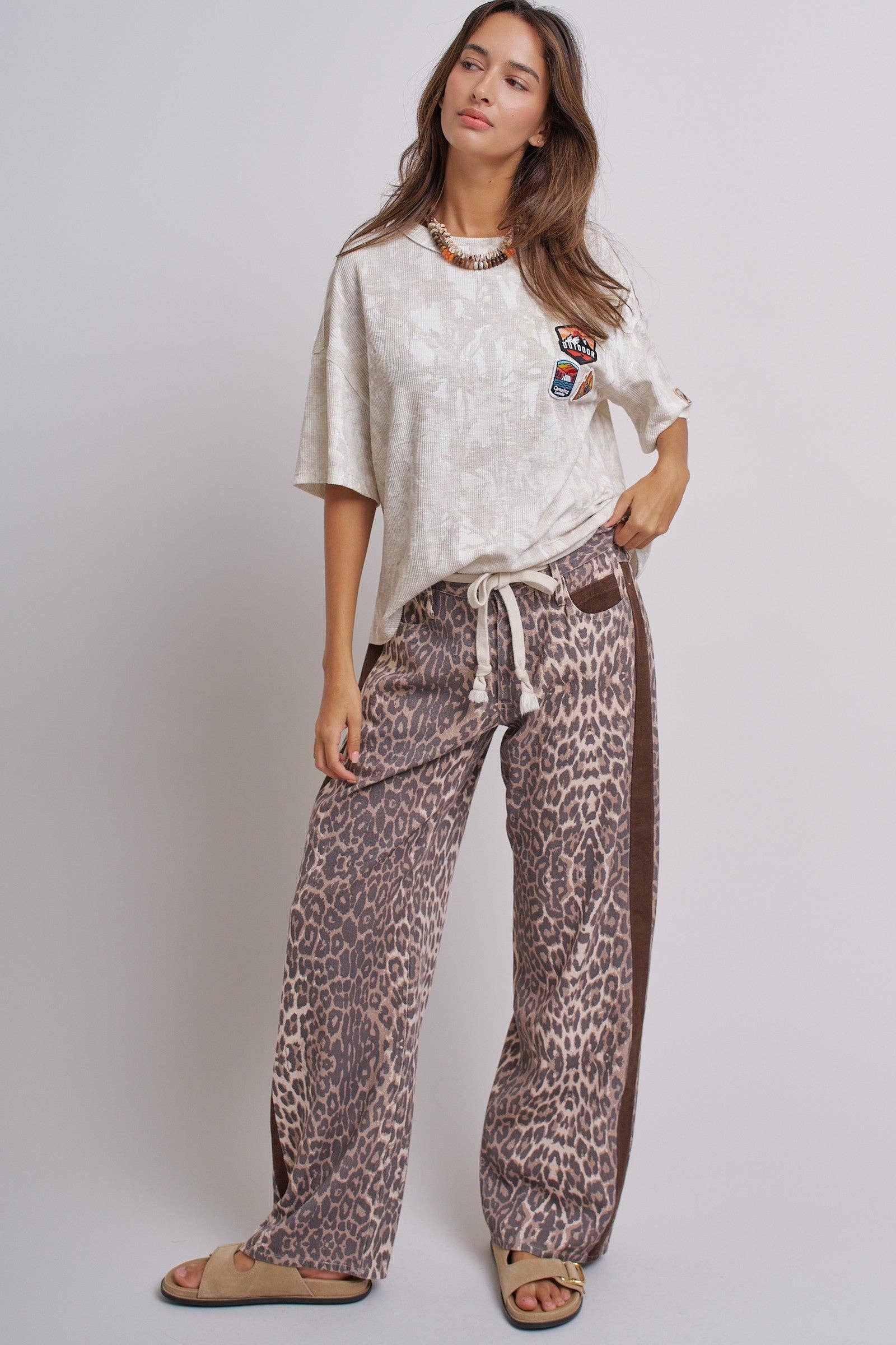 Leopard Print Wide-Leg Pants with Side Stripe