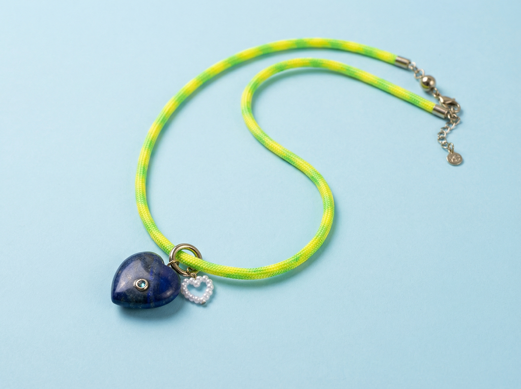 Cord Necklace - Yellow + Green w/ Heart Charms - Blakely