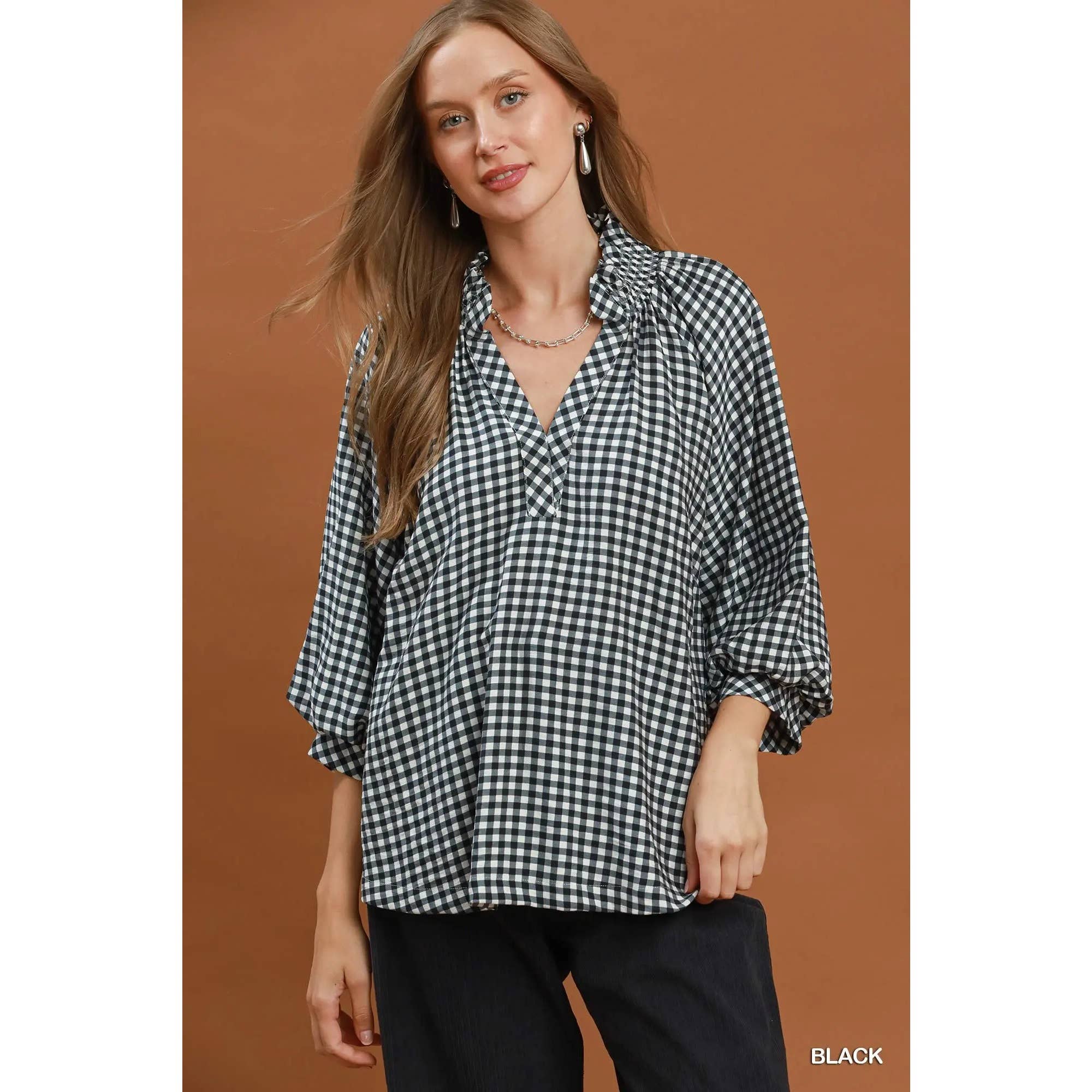 Gingham Check Puff Sleeve Blouse