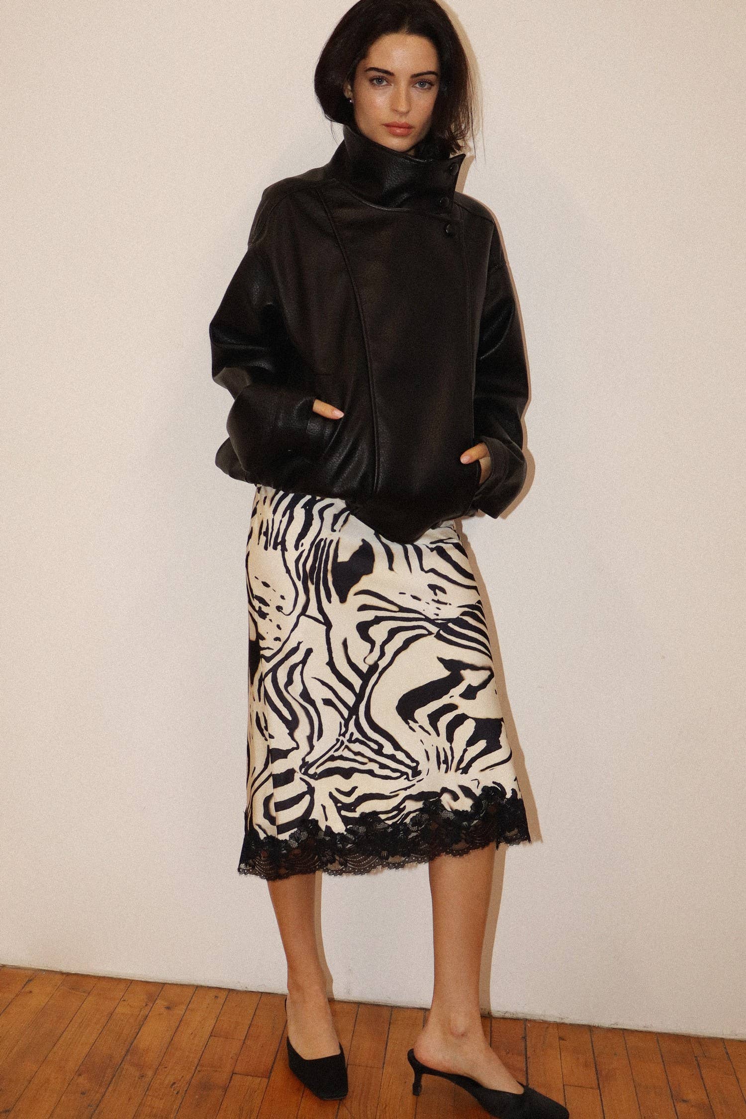 Lace Hem Zebra Midi Skirt