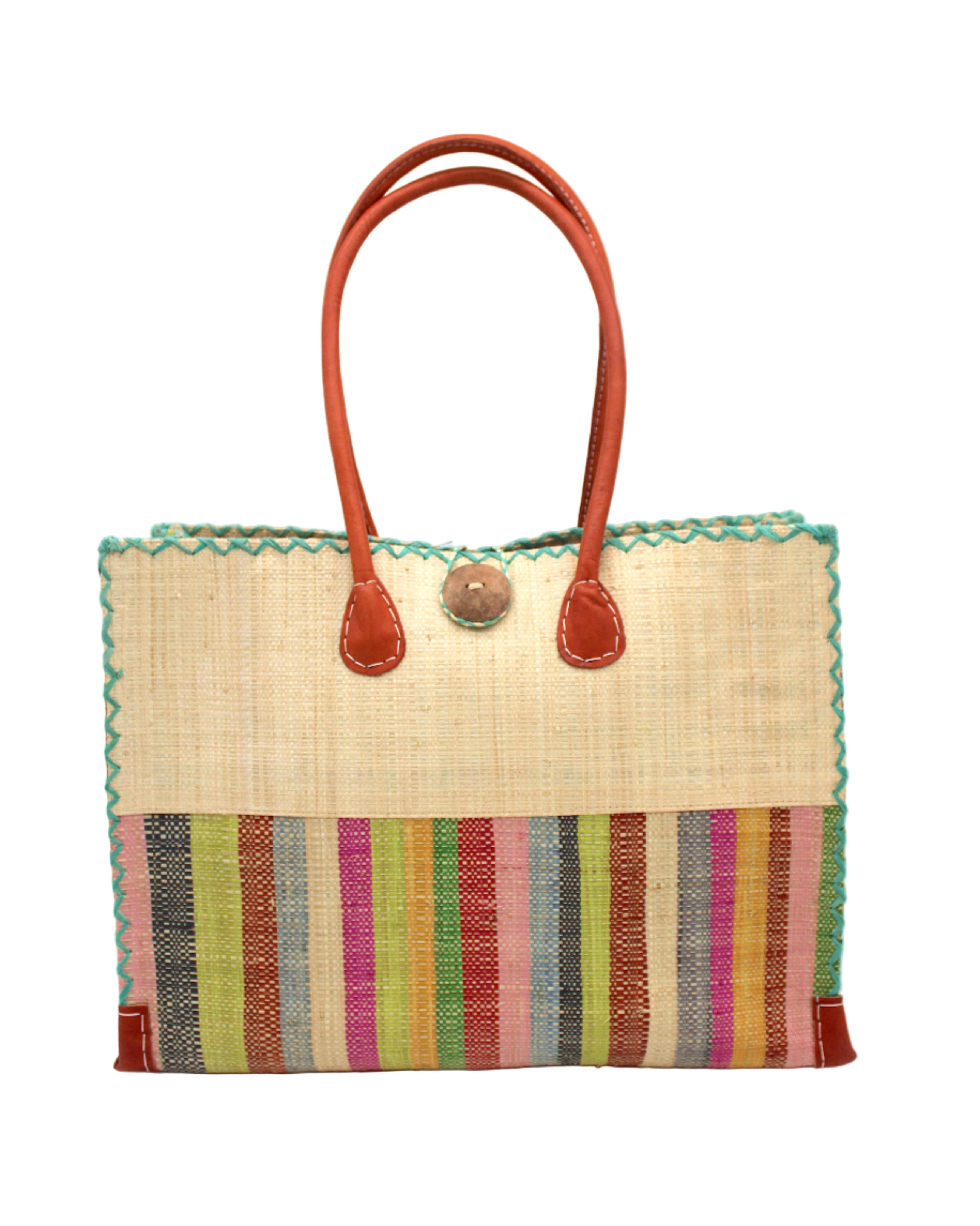 Zafran Two Tone Wide Stripe Raffia Straw Beach Bag - 2 Sizes