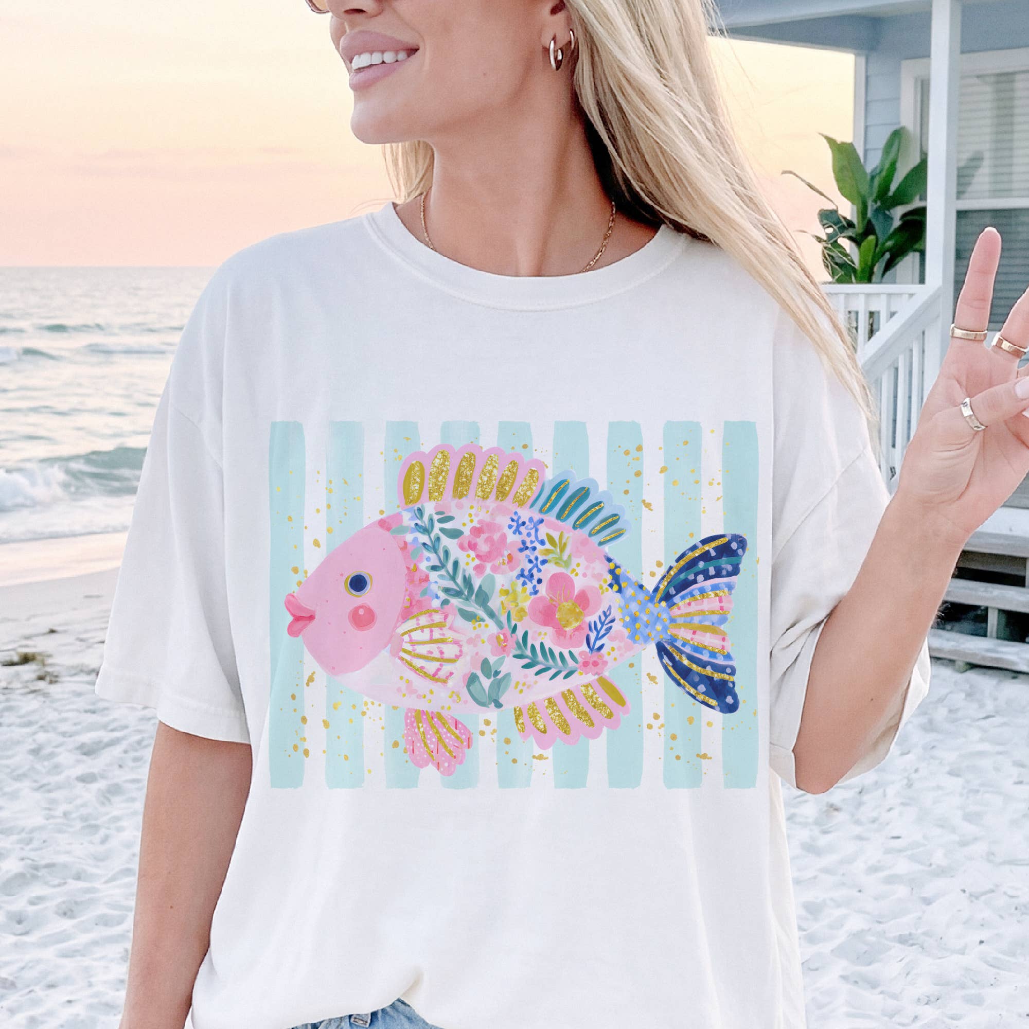 Preppy Fish Floral Lilly Inspired Beach Resort Graphic Tee
