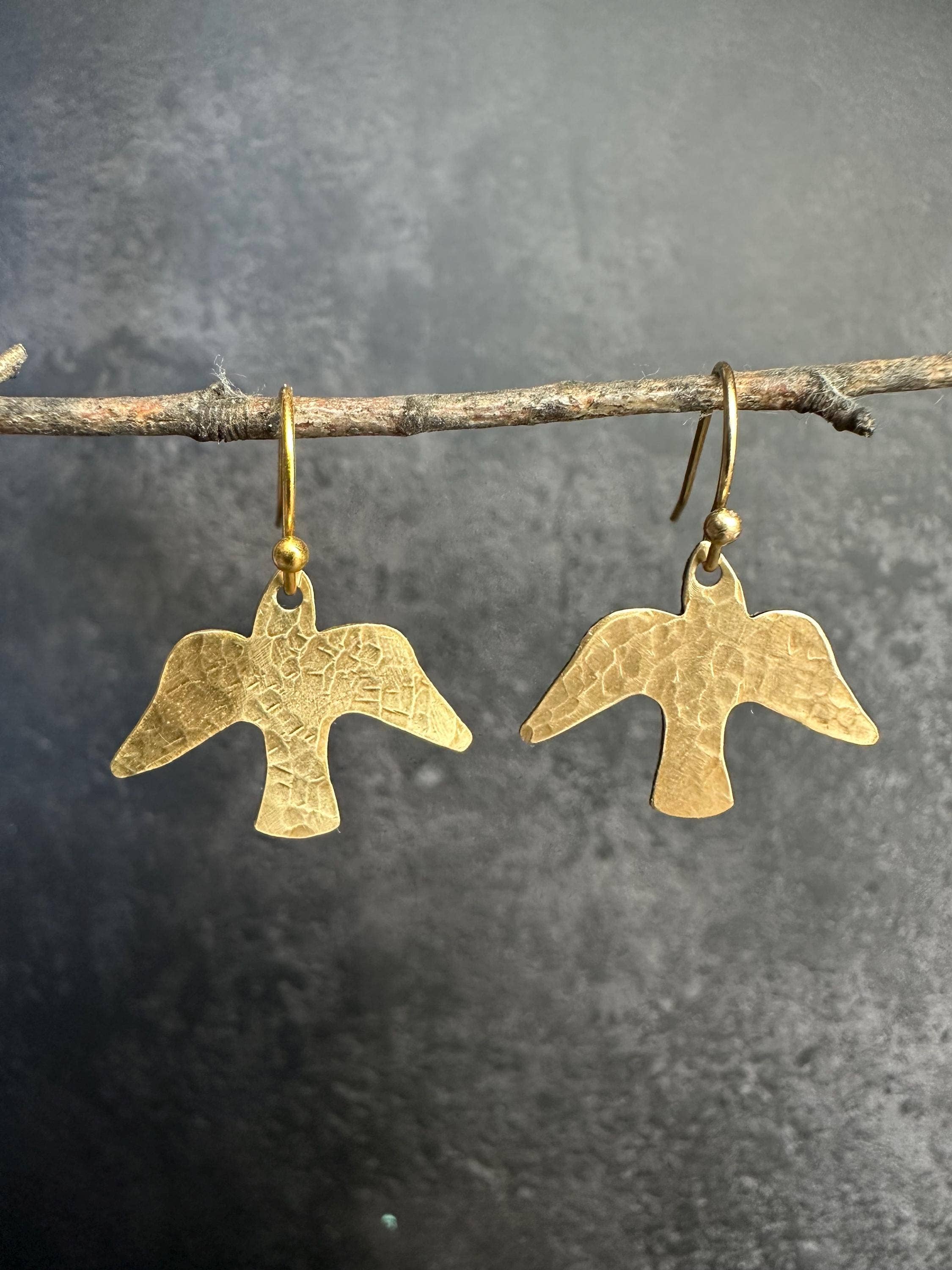 Minimal Bird Earrings - Small Hammered Brass Sparrow Drops