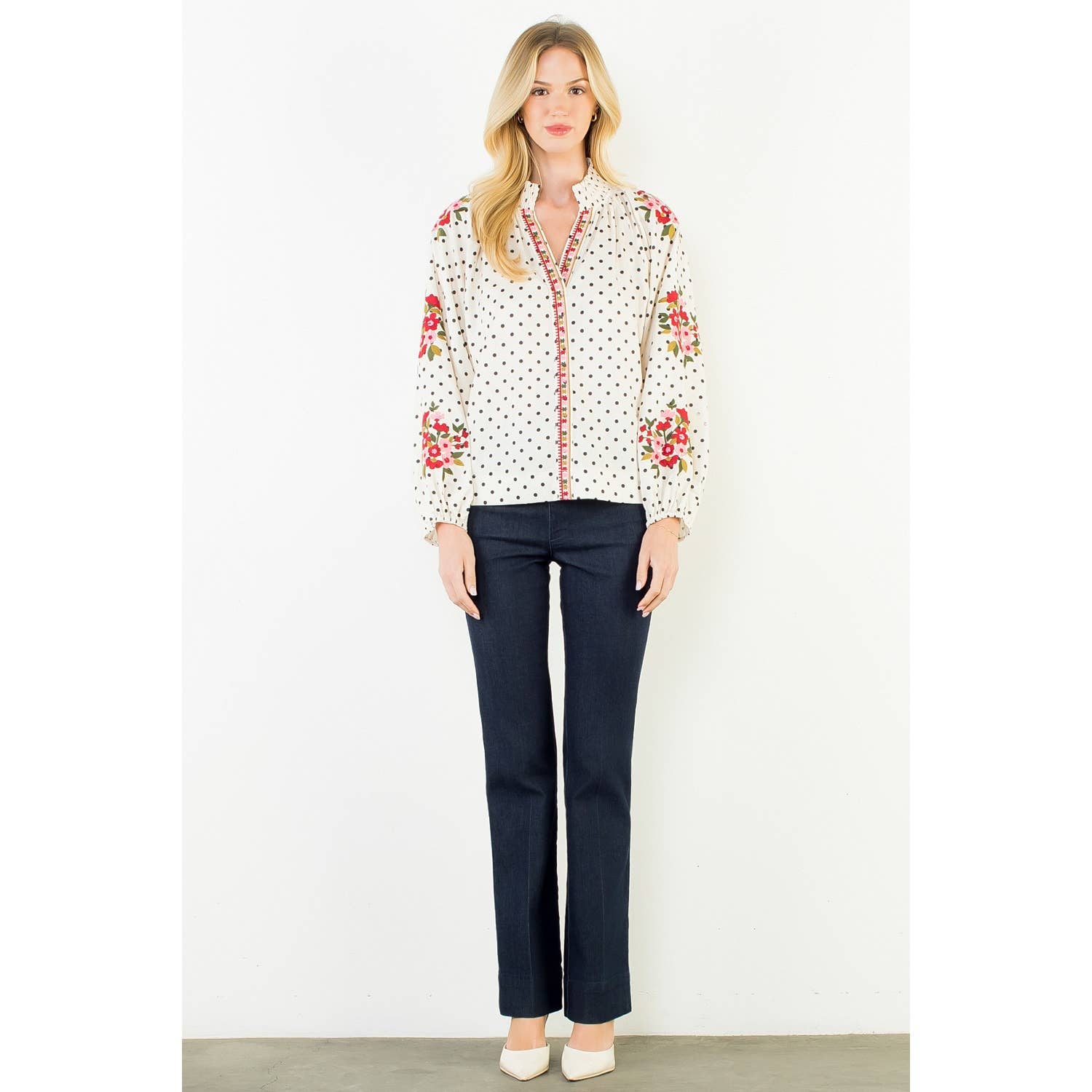 Long Sleeve Embroidery Floral Polka Dot Top