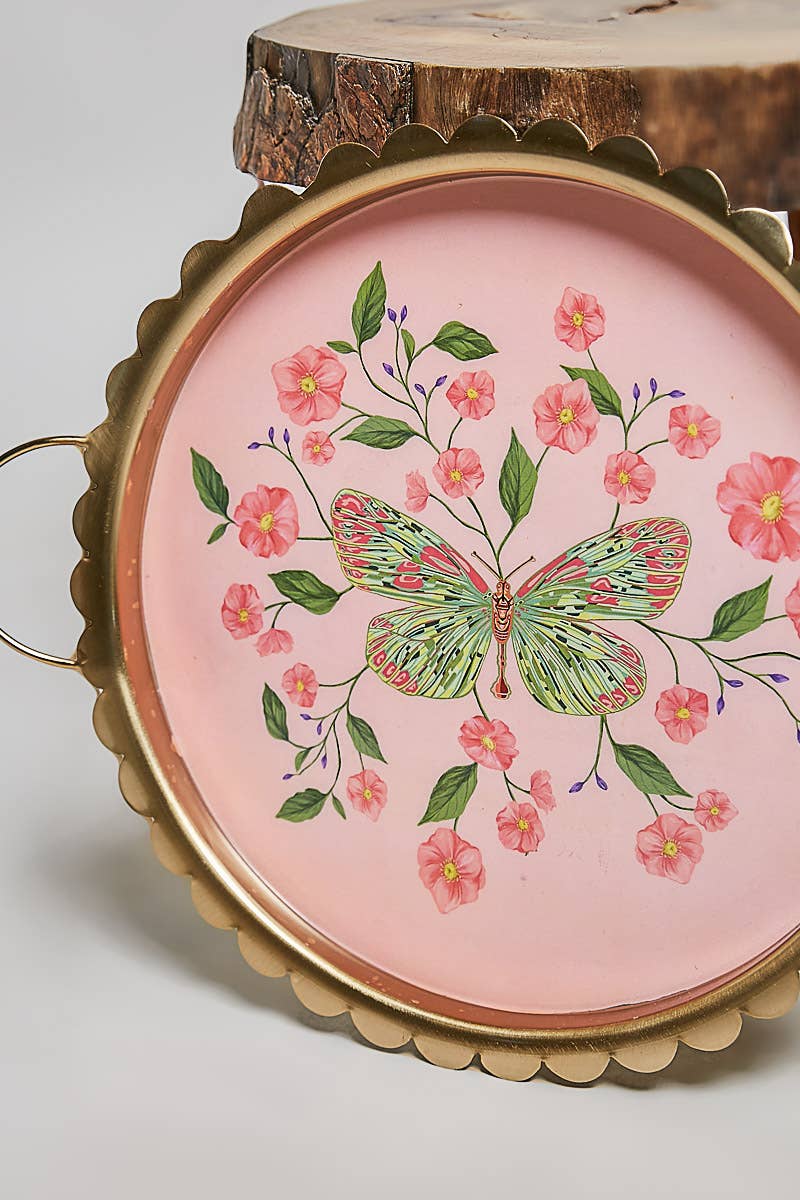 Butterfly Pattern Scalloped Round Serving Tray