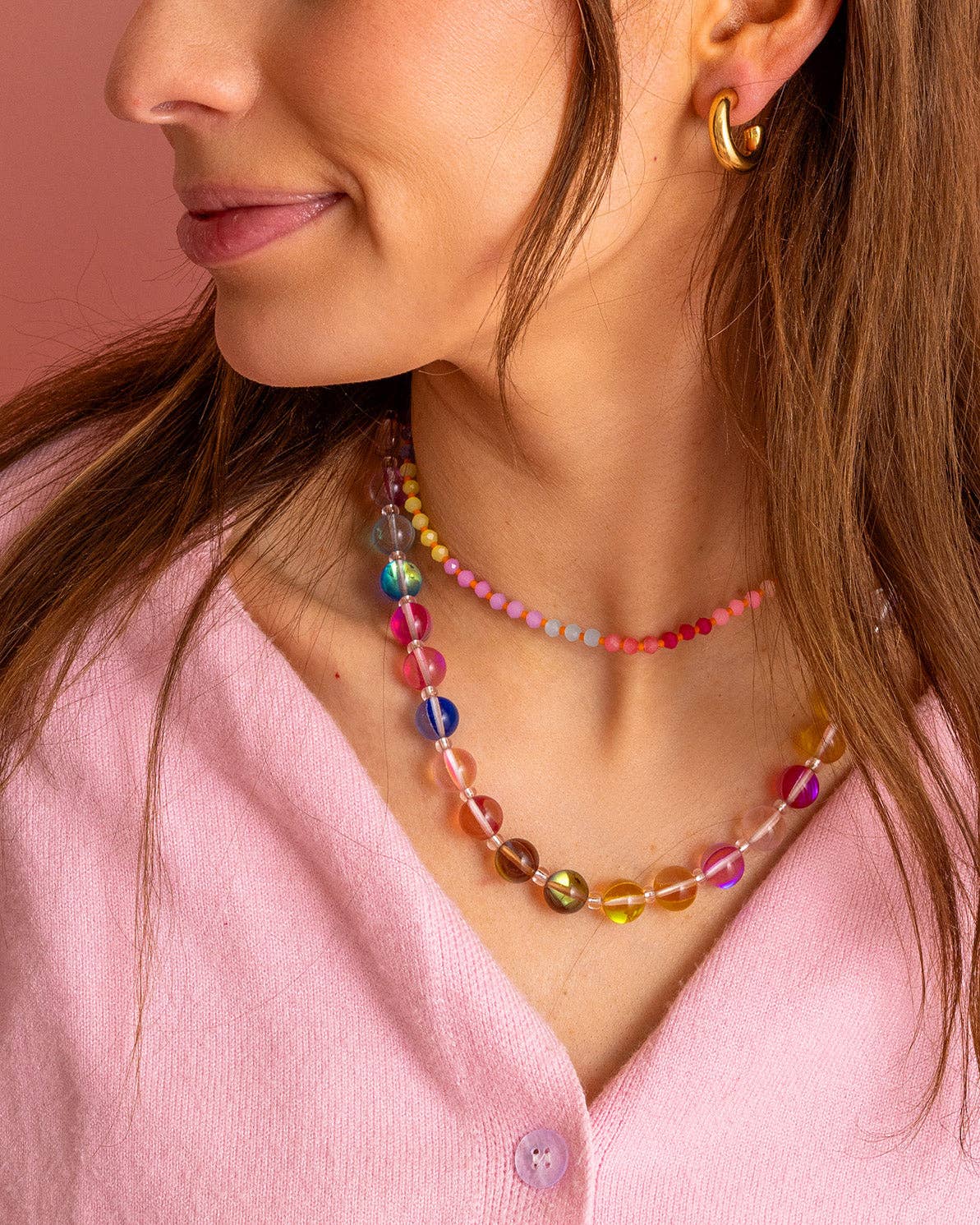 Beaded Necklace - Multi-Colored + Clear Beads - Sophie