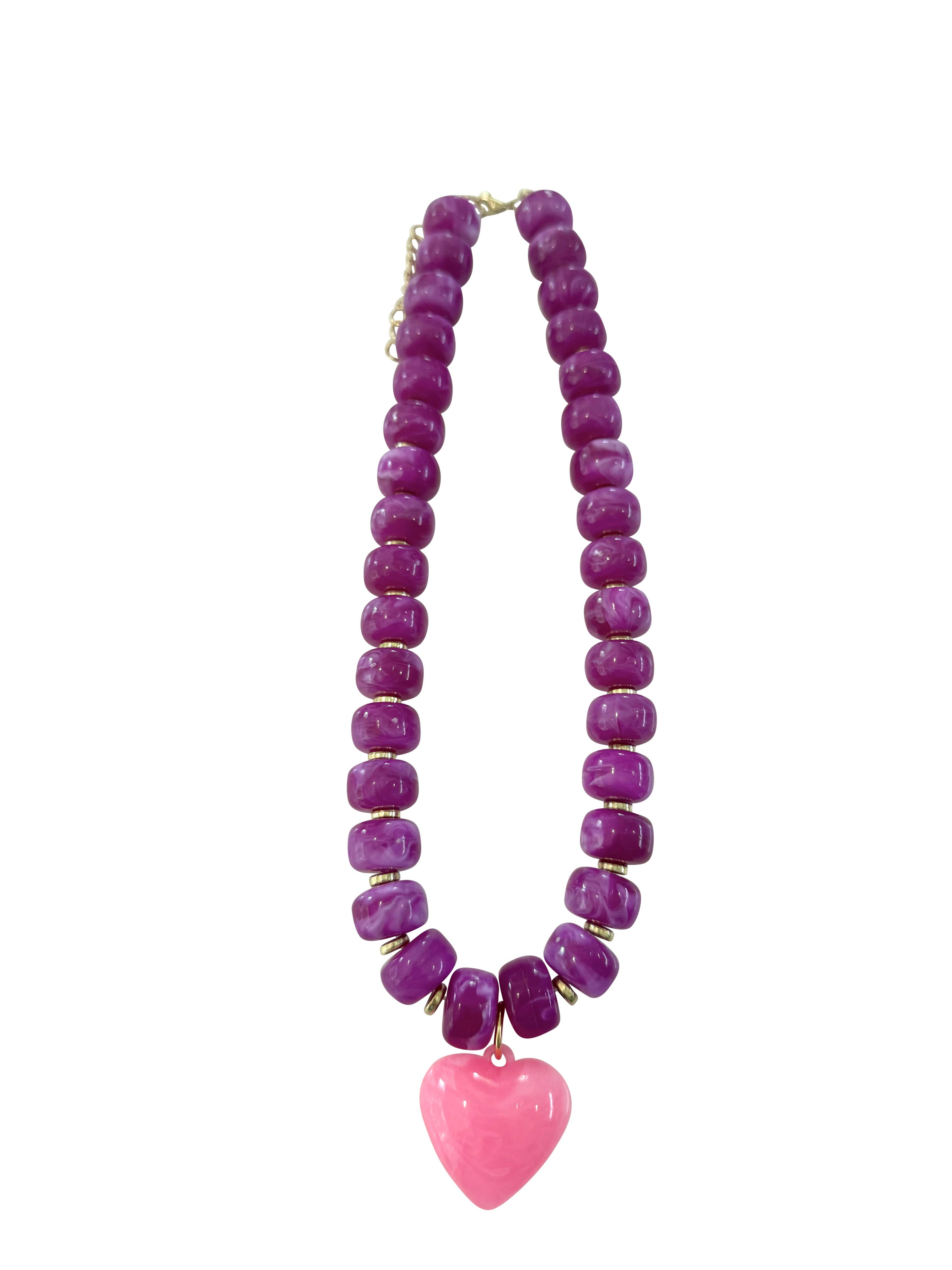 Ellison Chunky Beaded Heart Necklace - Magenta