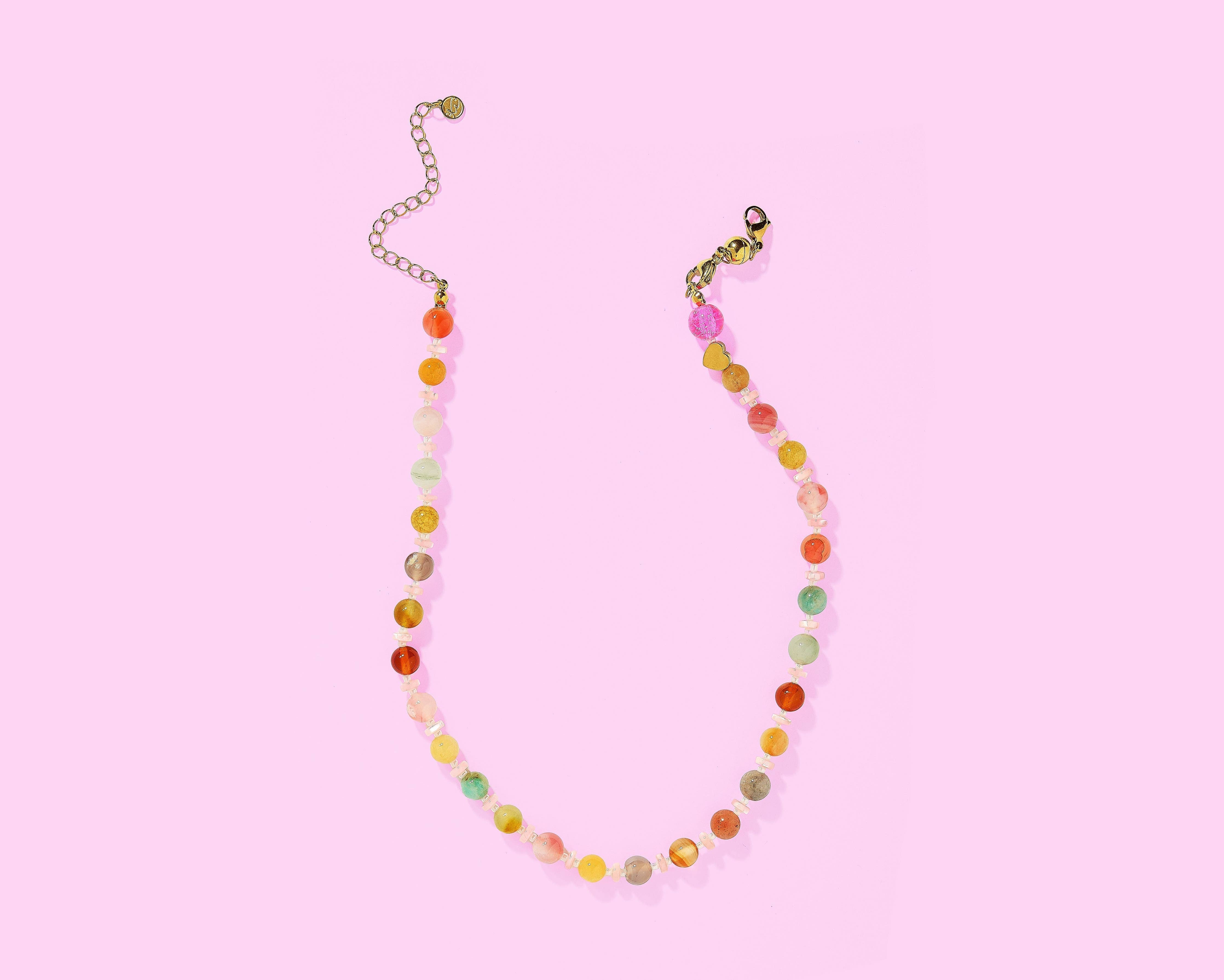 Beaded Necklace - Multi-Colored + Light Pink Beads - Sloan