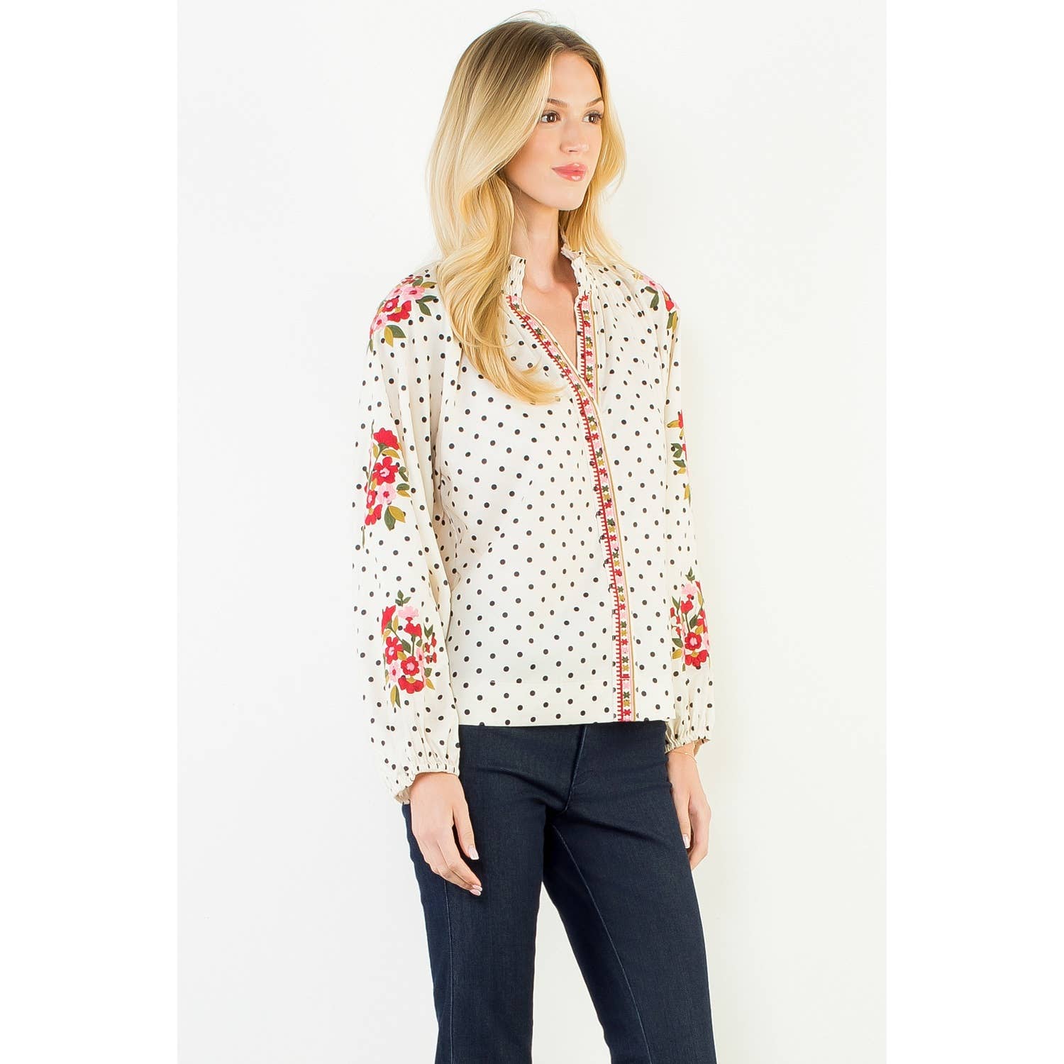 Long Sleeve Embroidery Floral Polka Dot Top
