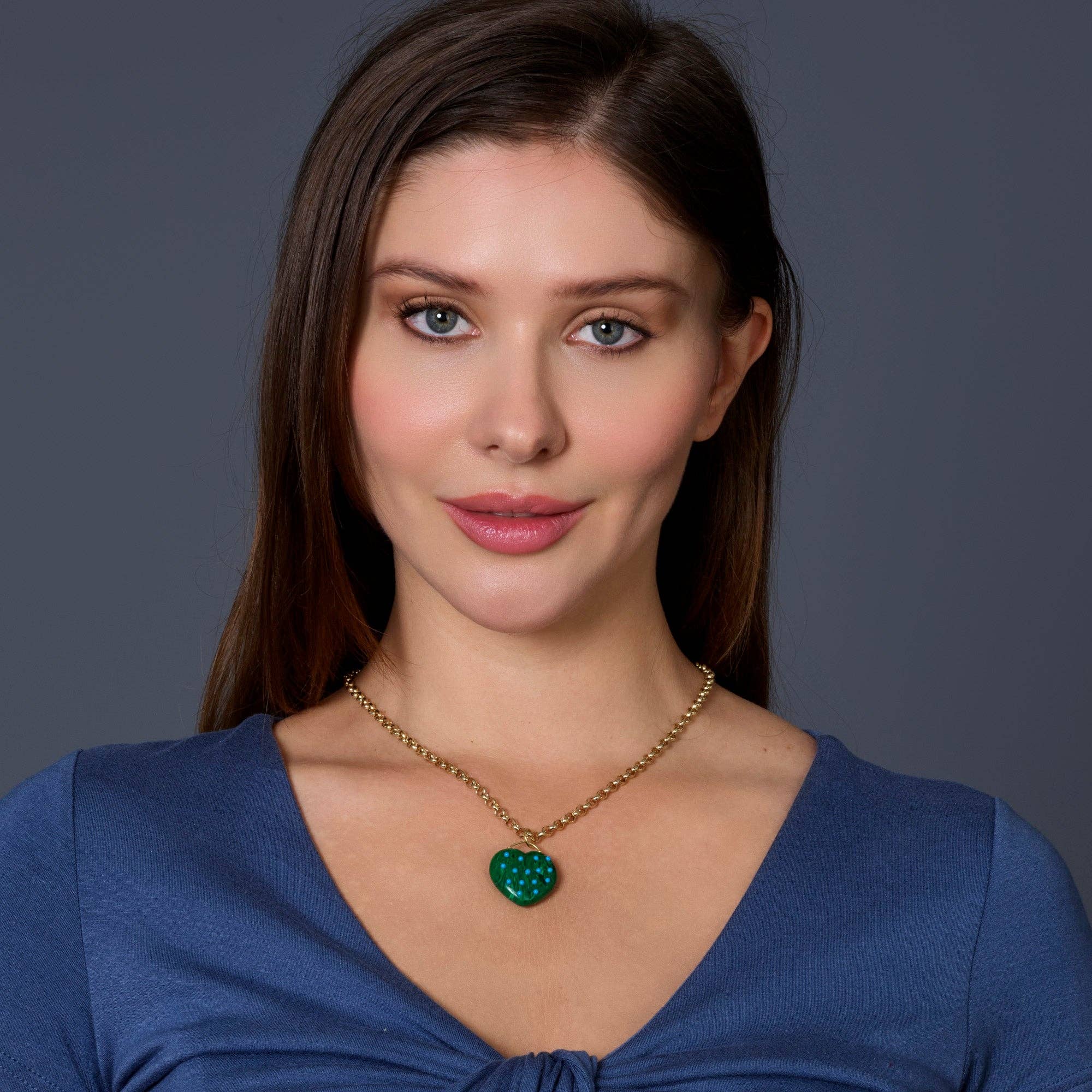 Malachite Heart Pendant Necklace with Turquoise Accents