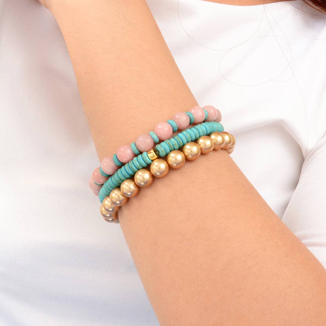 Cactus Rose Pink Opal Blue Turquoise Golden Stretch Bracelet Set