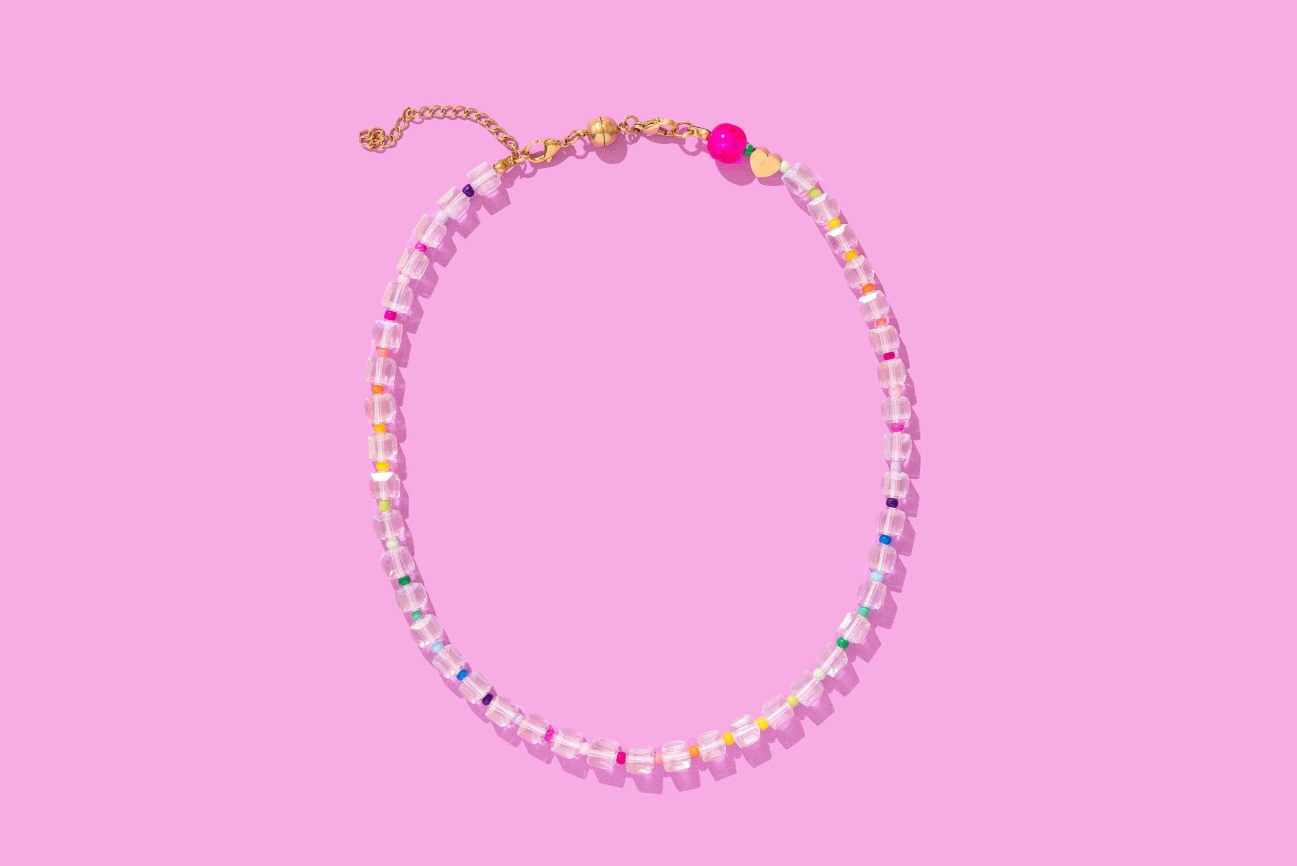 Beaded Necklace - Clear + Multi-Colored Beads - Jenn