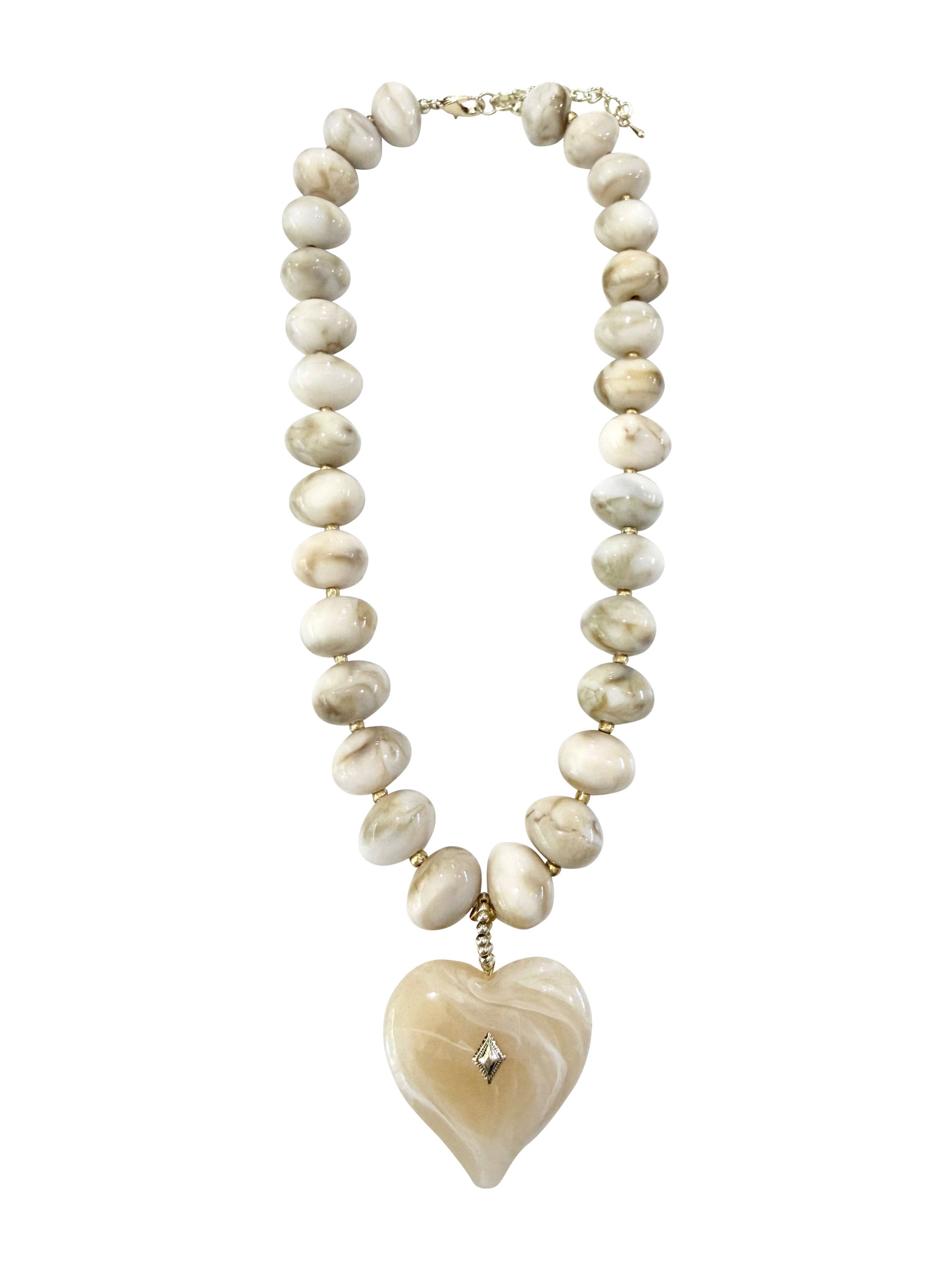 Holden Beaded Necklace with Heart Charm- Cream