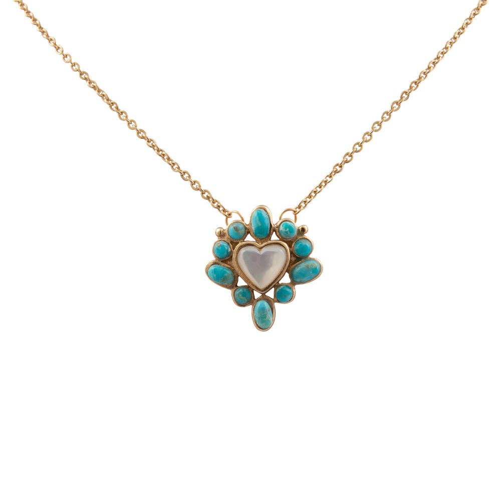 Hearts Surround Blue Turquoise and Mother of Pearl Golden Necklace