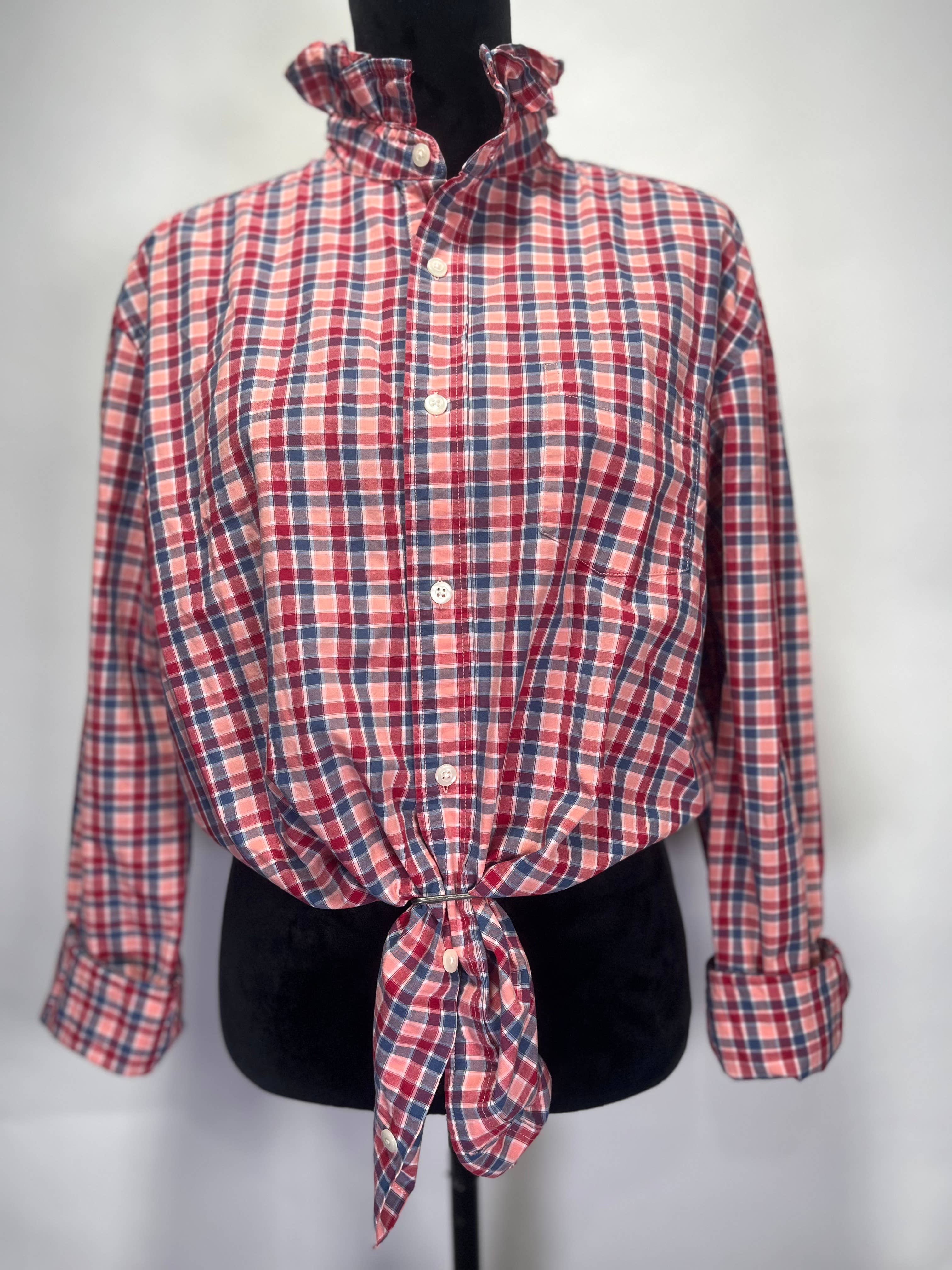 Ruffle Collar Bespoke Womens Shirt Pink/Red/Gray Pld L-XL