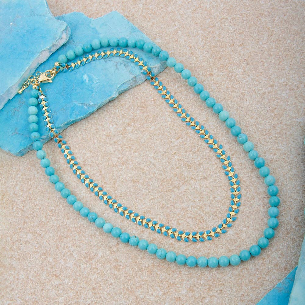 Blue Turquoise Magnesite Layers Golden Chevron Necklace