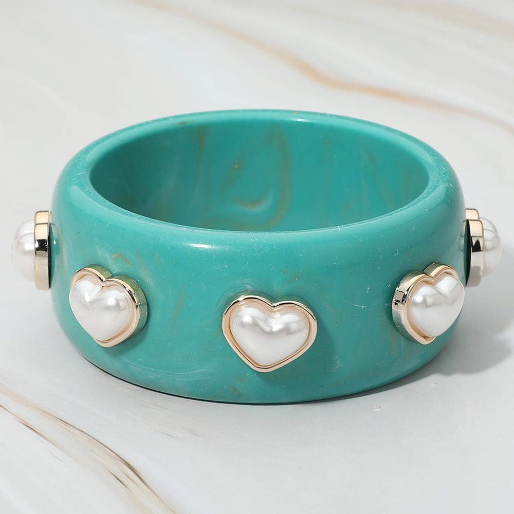 Pearl Heart Cluster Accent Wide Marbled Bangle Bracelet
