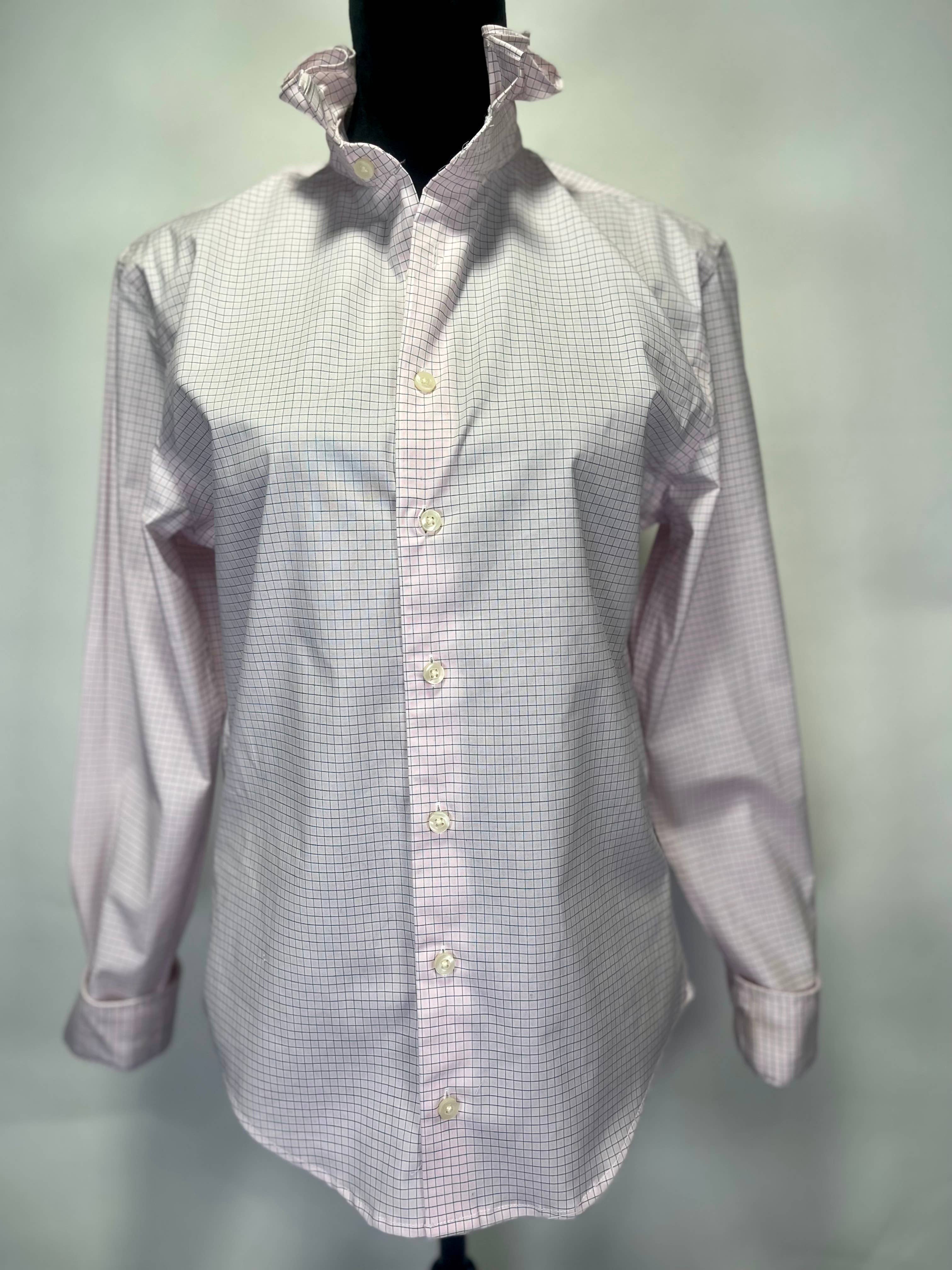 Bespoke Ruffle Collar  Women Shirt Pink Black Plaid  S-M
