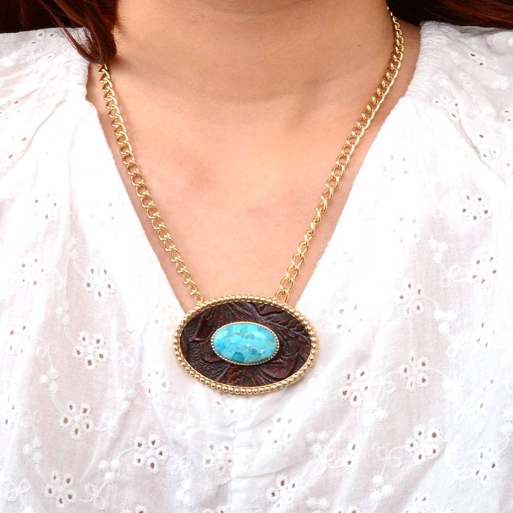 Blue Turquoise Rosette Leather Pendant Golden Chain Necklace
