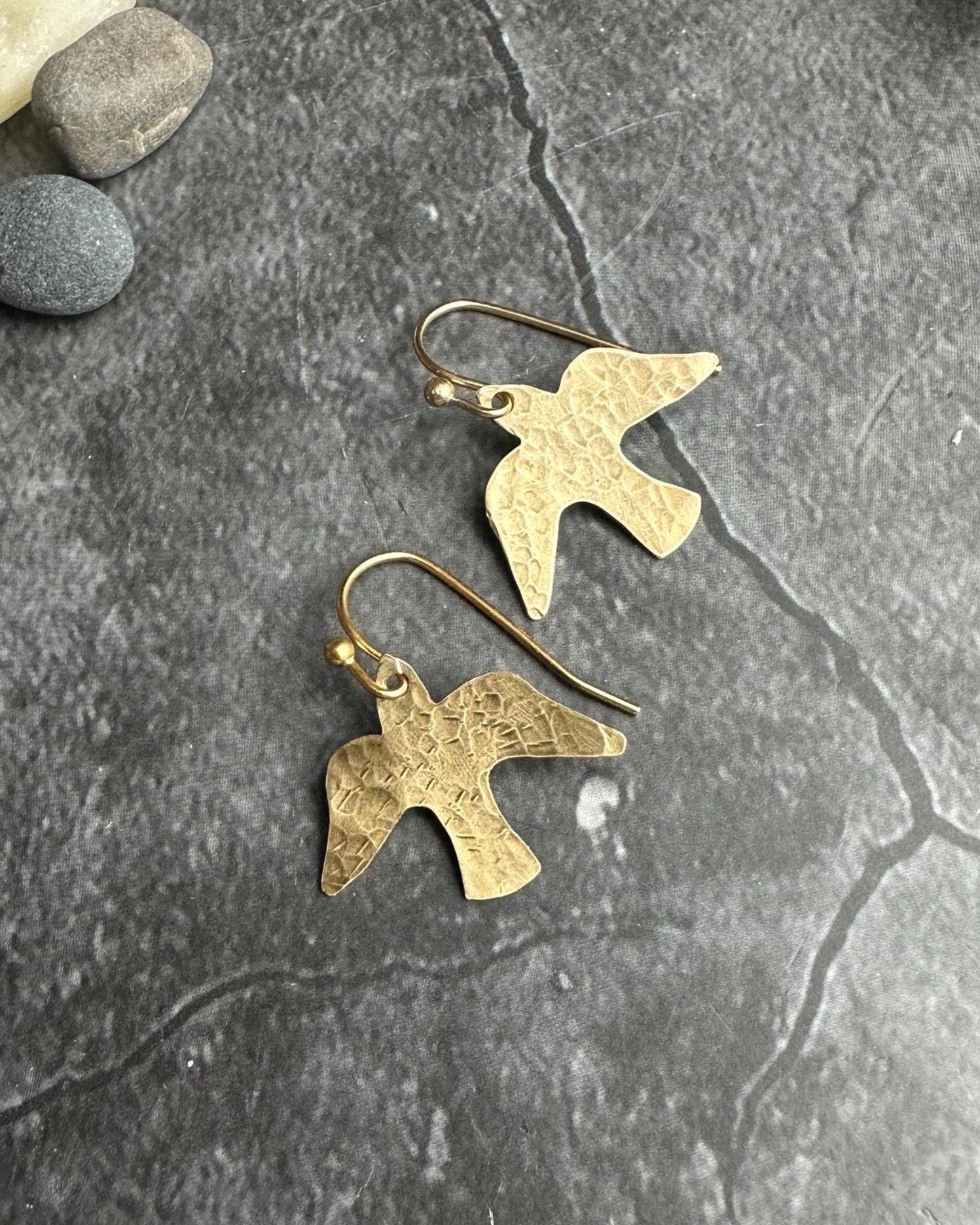 Minimal Bird Earrings - Small Hammered Brass Sparrow Drops