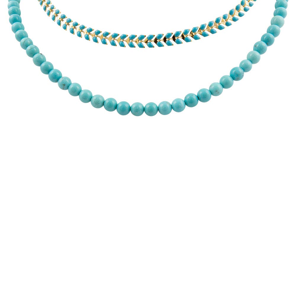 Blue Turquoise Magnesite Layers Golden Chevron Necklace