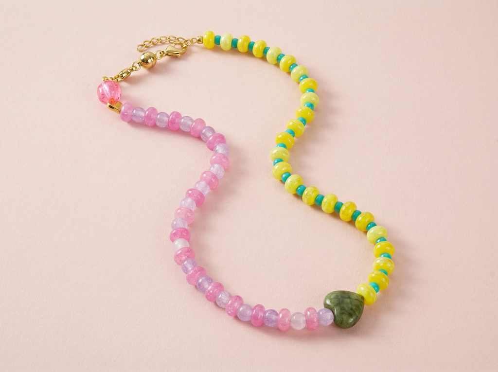 Sara Beaded Necklace - Pink + Yellow Beads w/ Green Heart