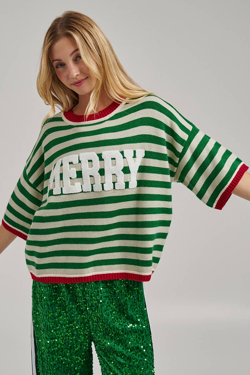 CHRISTMAS MERRY LETTERING STRIPE SWEATER