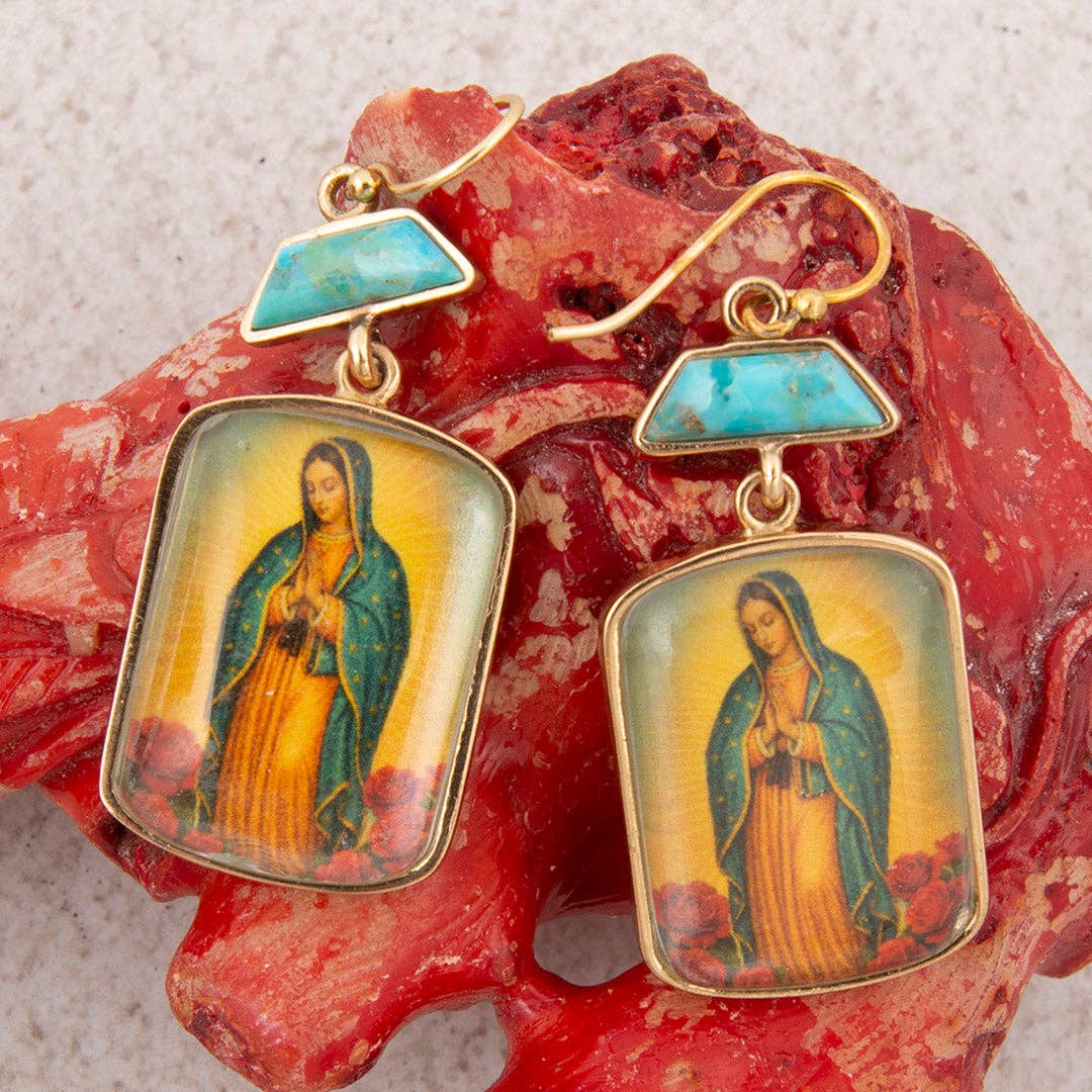 Our Lady of Guadalupe Blue Turquoise Golden Drop Earrings