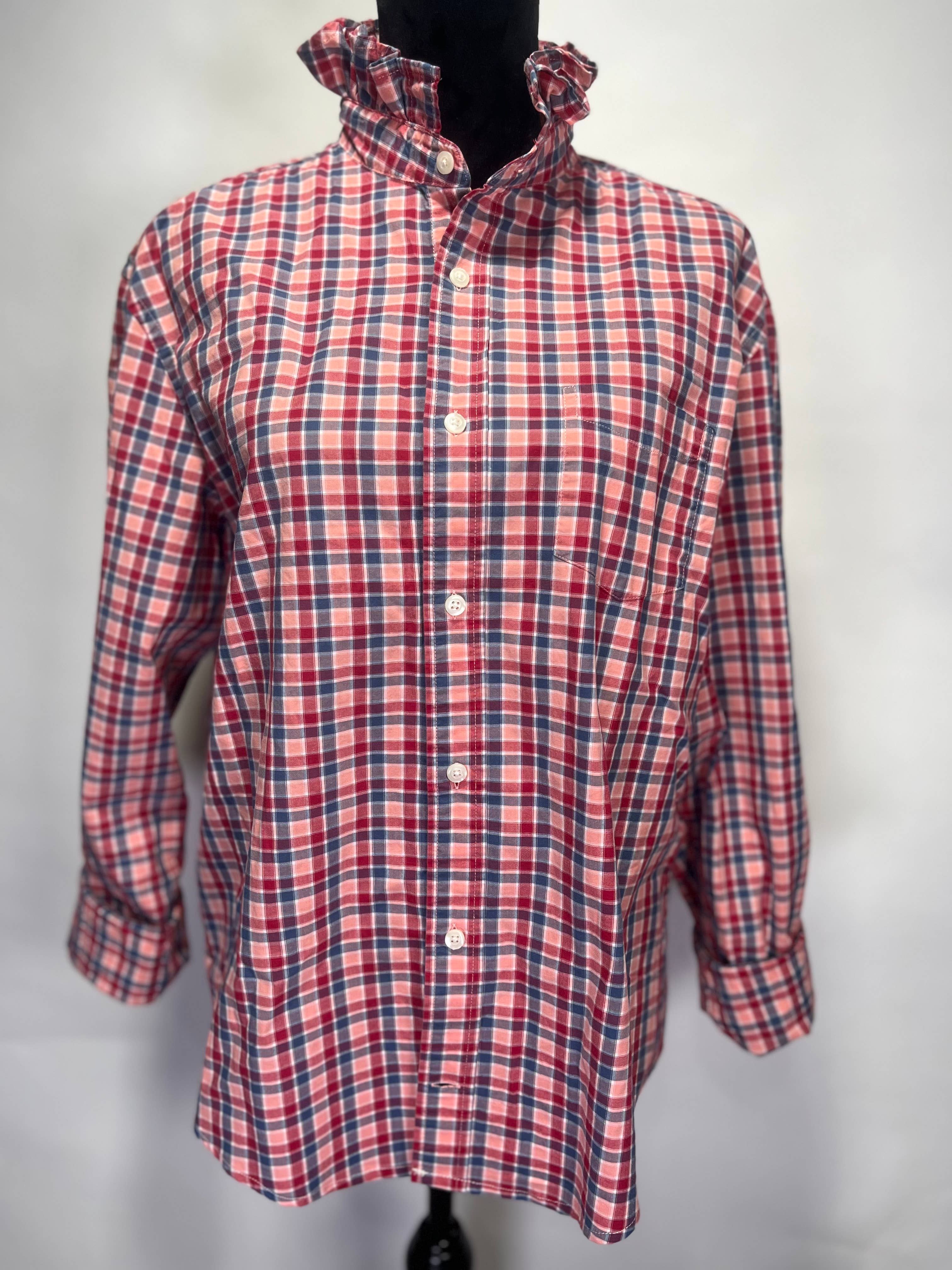 Ruffle Collar Bespoke Womens Shirt Pink/Red/Gray Pld L-XL