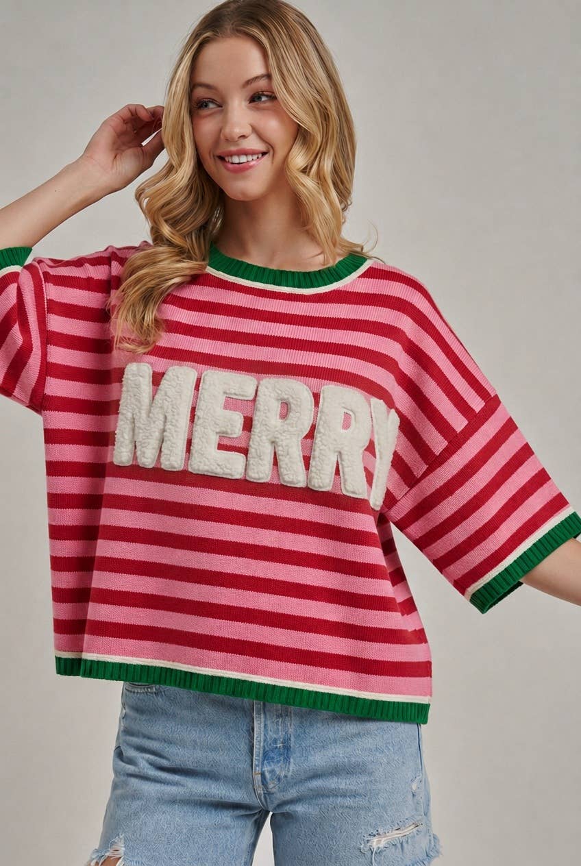 CHRISTMAS MERRY LETTERING STRIPE SWEATER