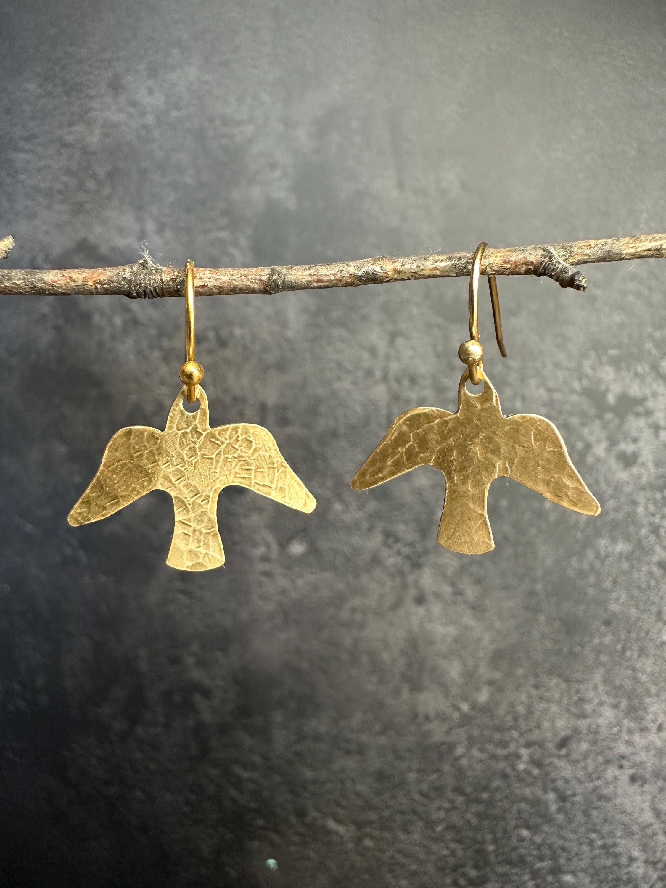 Minimal Bird Earrings - Small Hammered Brass Sparrow Drops
