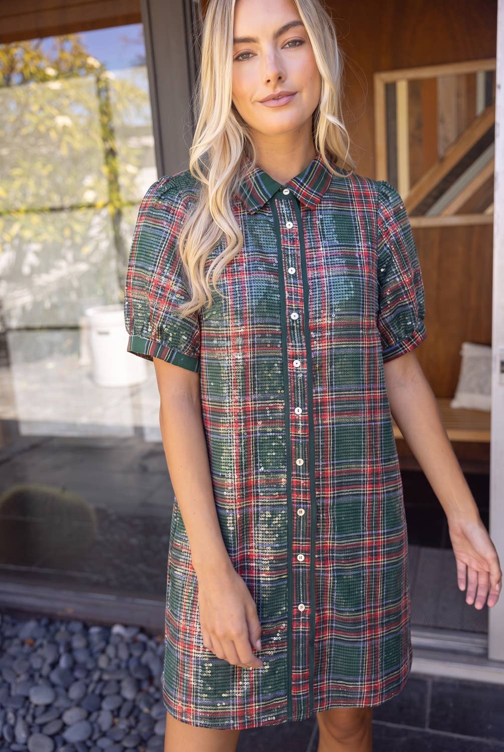 Collared Plaid Sequins Dress