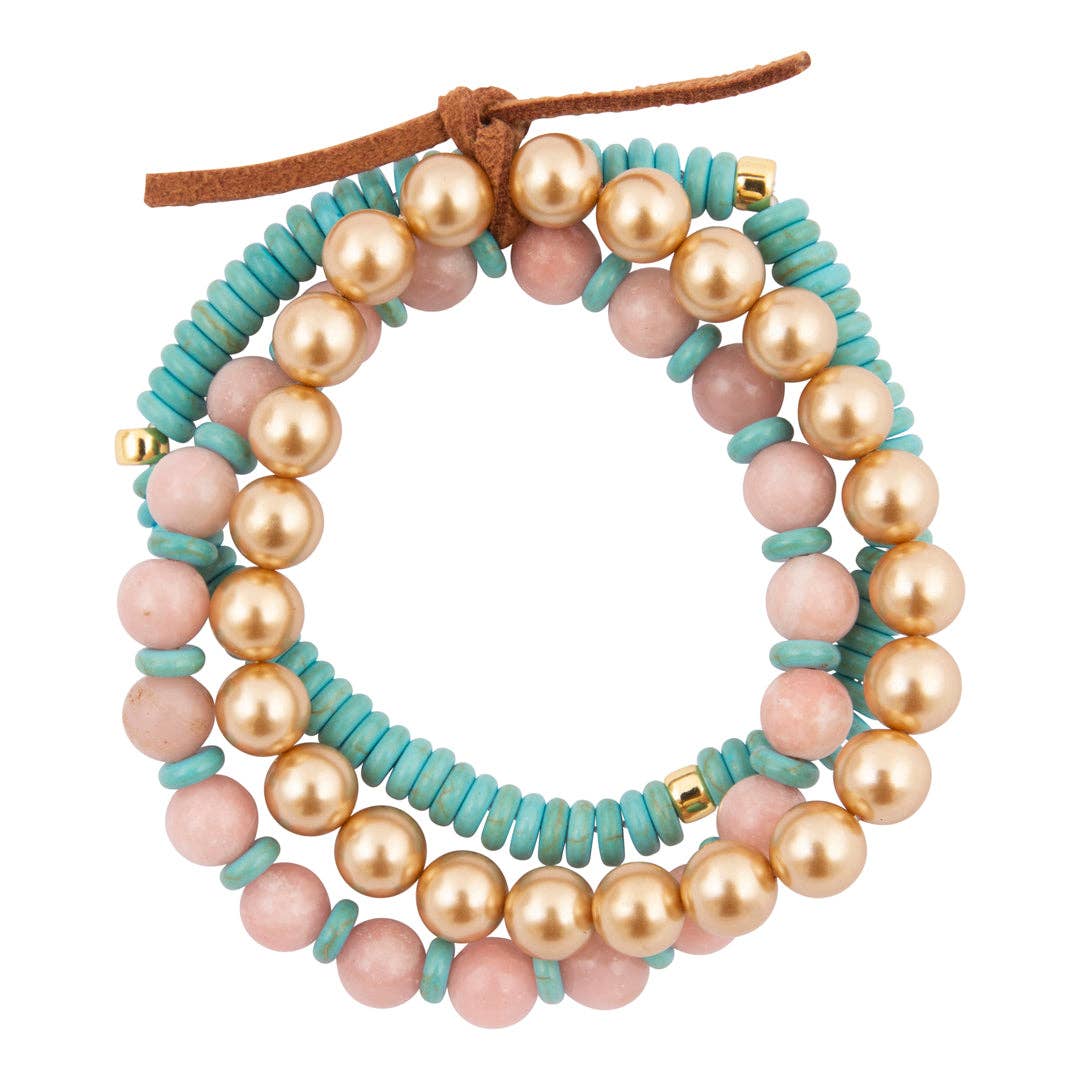 Cactus Rose Pink Opal Blue Turquoise Golden Stretch Bracelet Set
