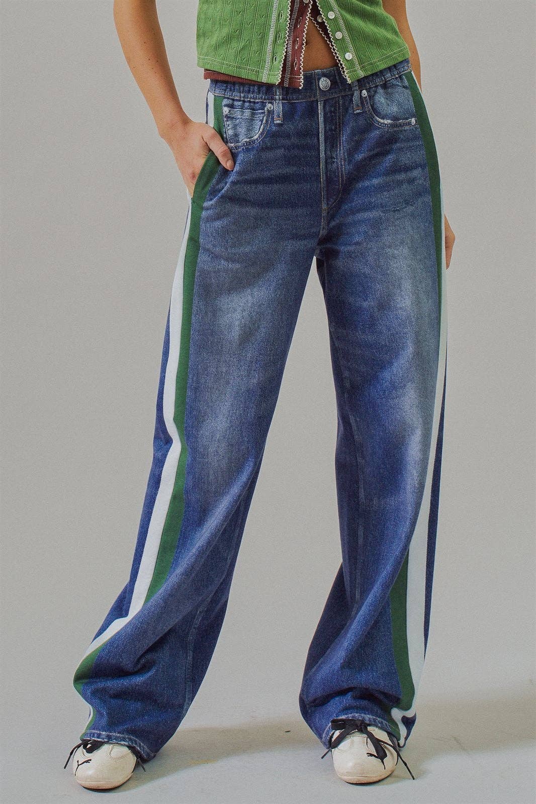 Faux Denim Track Pants With Stripe