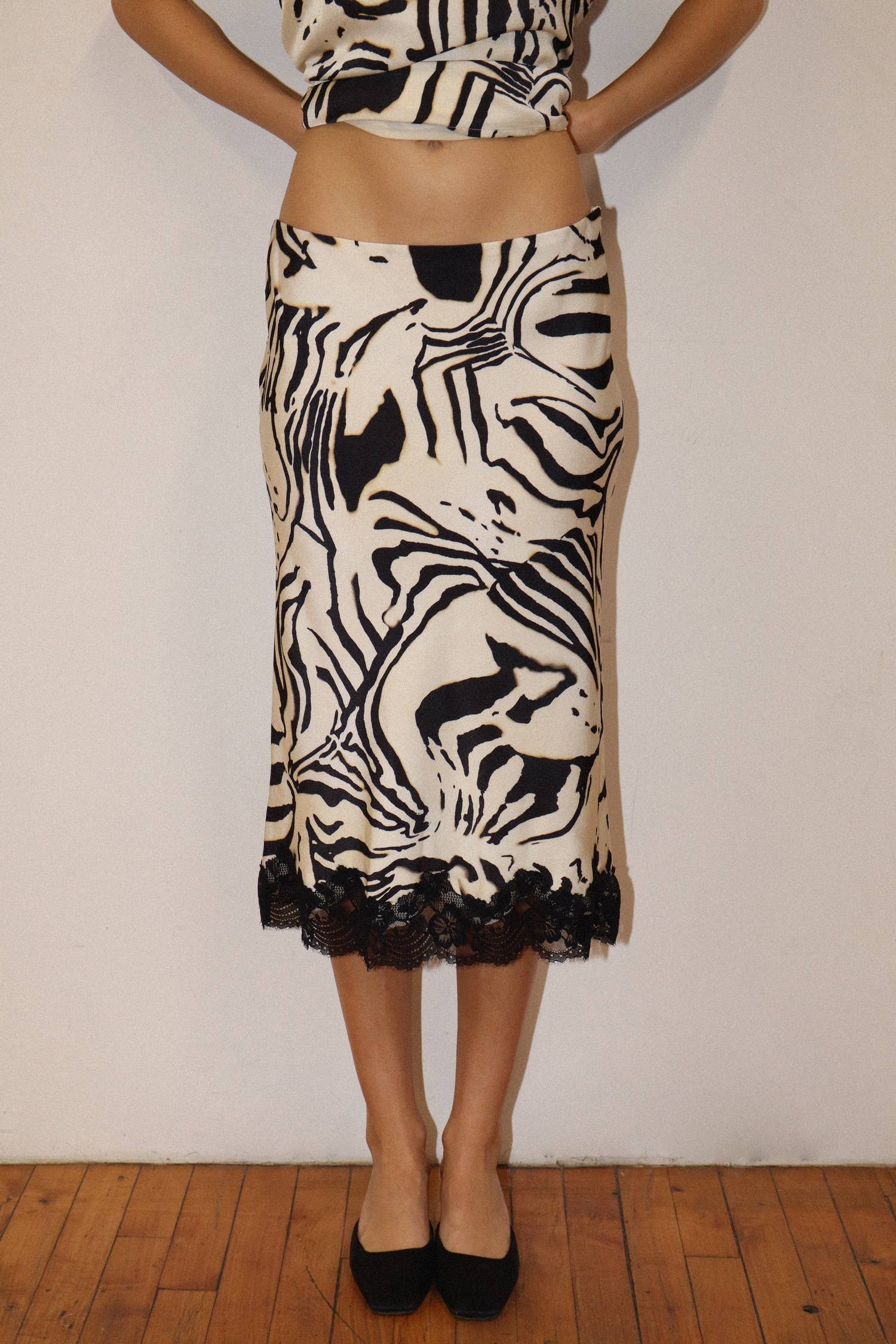 Lace Hem Zebra Midi Skirt