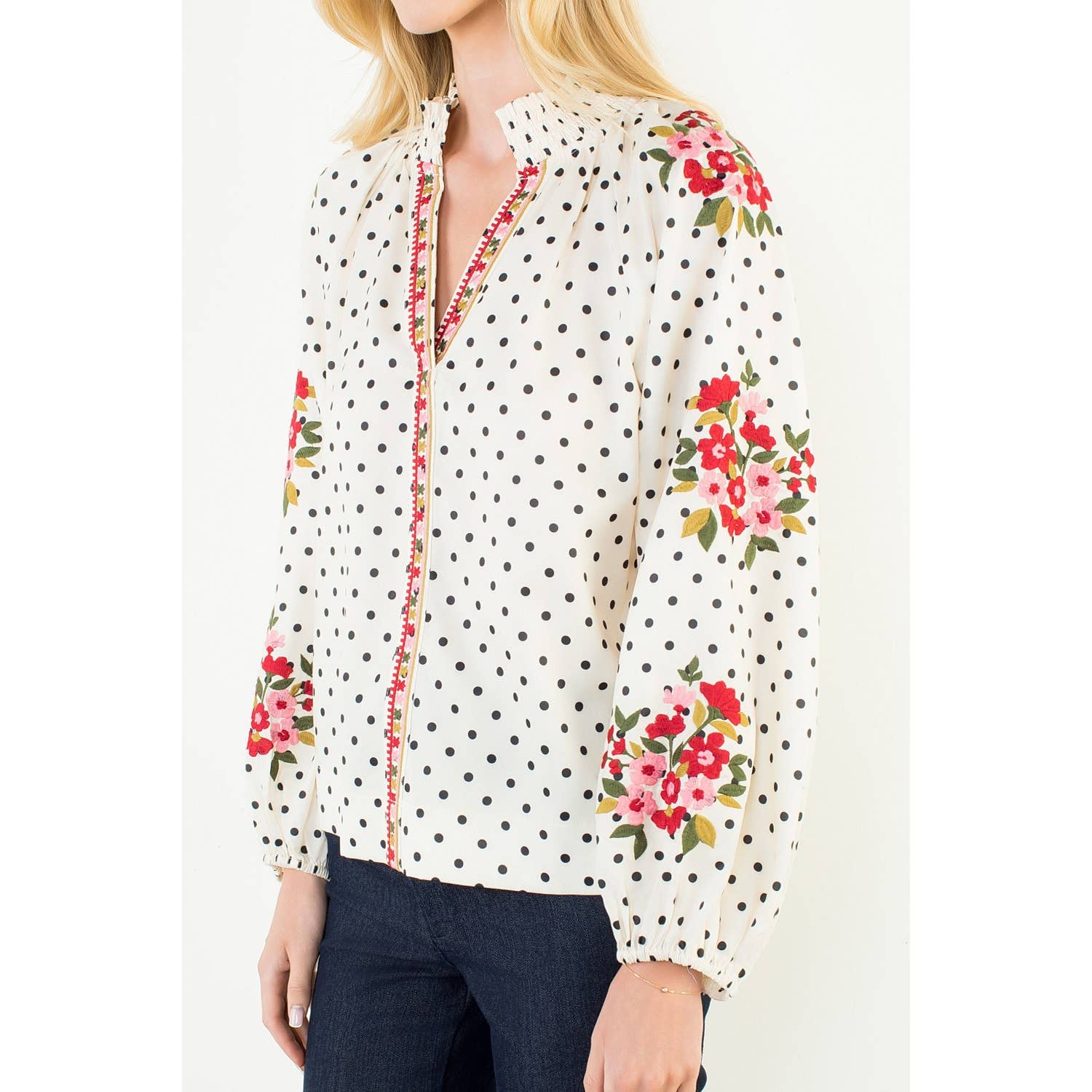 Long Sleeve Embroidery Floral Polka Dot Top