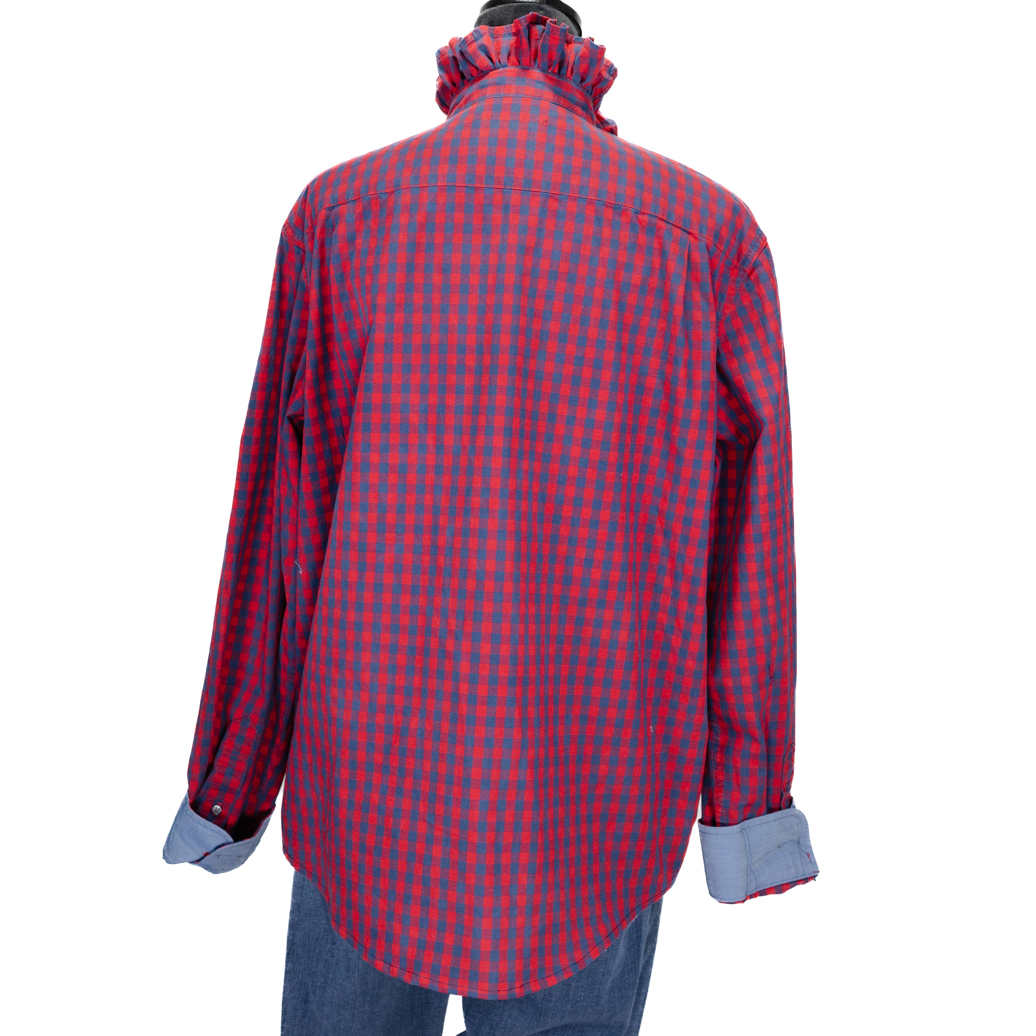 Upcycle Ruffle Collar Women's Shirt Unique Red/Blue Chk  XXL